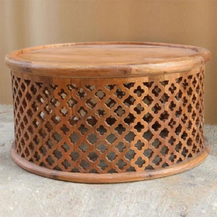 Hand Carved Wooden Coffee Table - Round Brown Center Table for Living Room | Rustic Home Decor | Perfect for Family Gatherings & Cozy Evenings