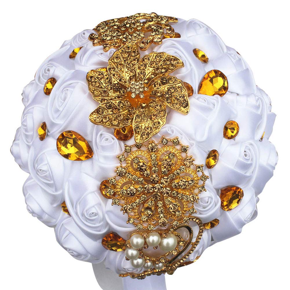 Romantic Wedding Bride Holding Rose Bouquet with Crystal Diamonds & Ribbons - White Simulated Church Flower Decoration for Wedding Ceremony, Bridal Shower, Church Altar Decor, and Reception Centerpieces