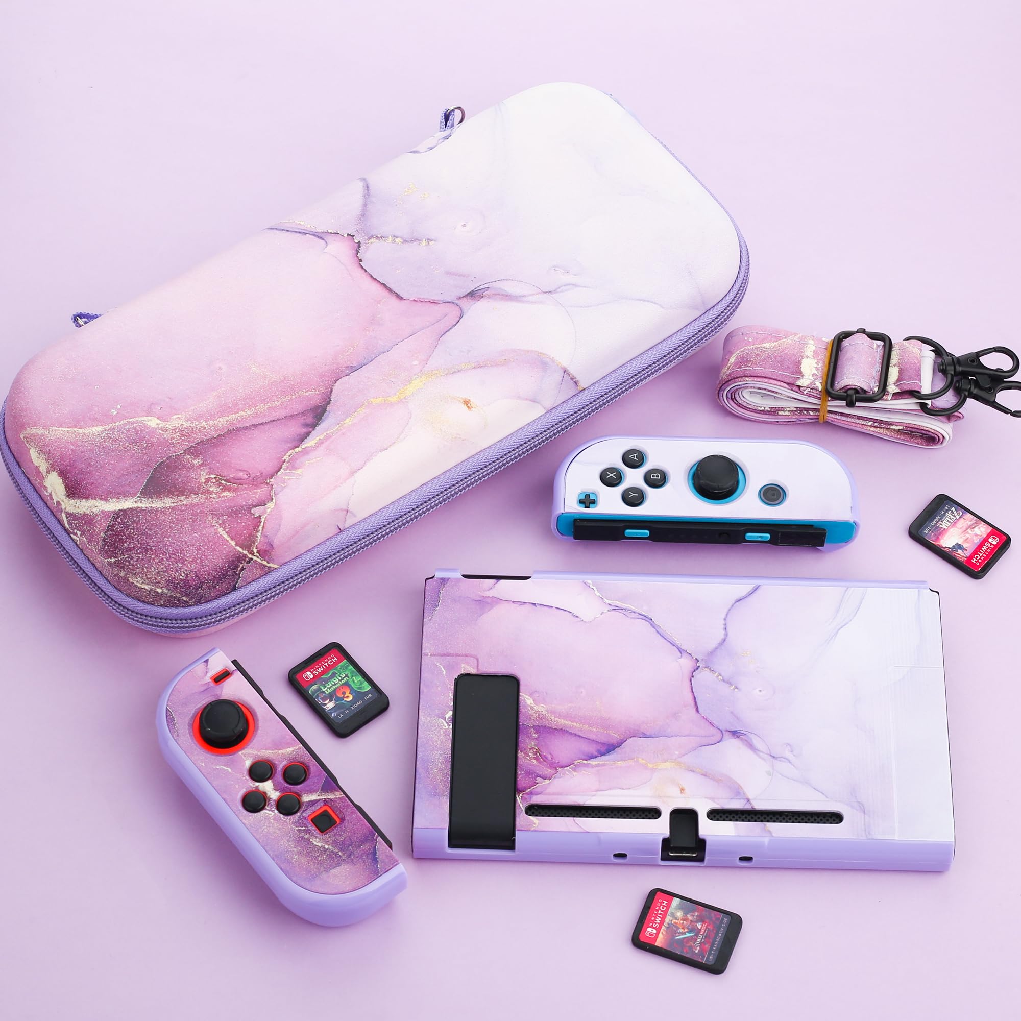 Premium Nintendo Switch Case Bundle - Protective Carrying Case for Switch Console & Joy-Con Controllers with Screen Protector, 2 Thumb Grips & Adjustable Shoulder Strap (Marble Purple) | Perfect for Travel, Gaming On-The-Go & Console Protection
