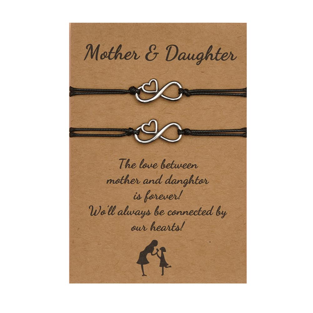 Mother Daughter Matching Bracelets Set - Infinity Love Adjustable Bracelets with Wish Card - Perfect Gift for Mom and Daughter - Birthday, Anniversary, Valentine's Day Present