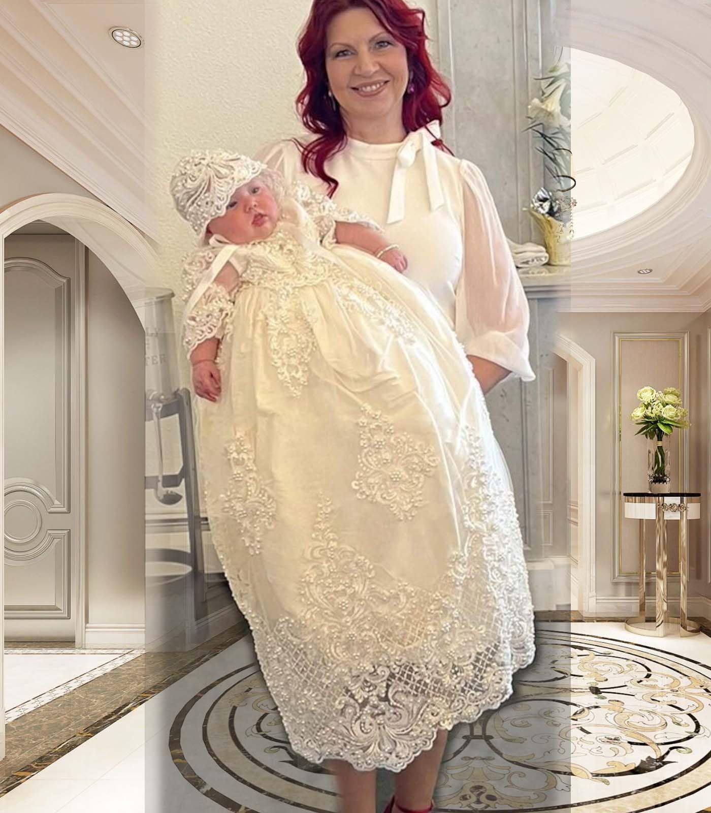 Baby Girl Pearl Baptism Dress - Elegant White Christening Gown with Full Pearl Details for Church Ceremonies & Special Occasions