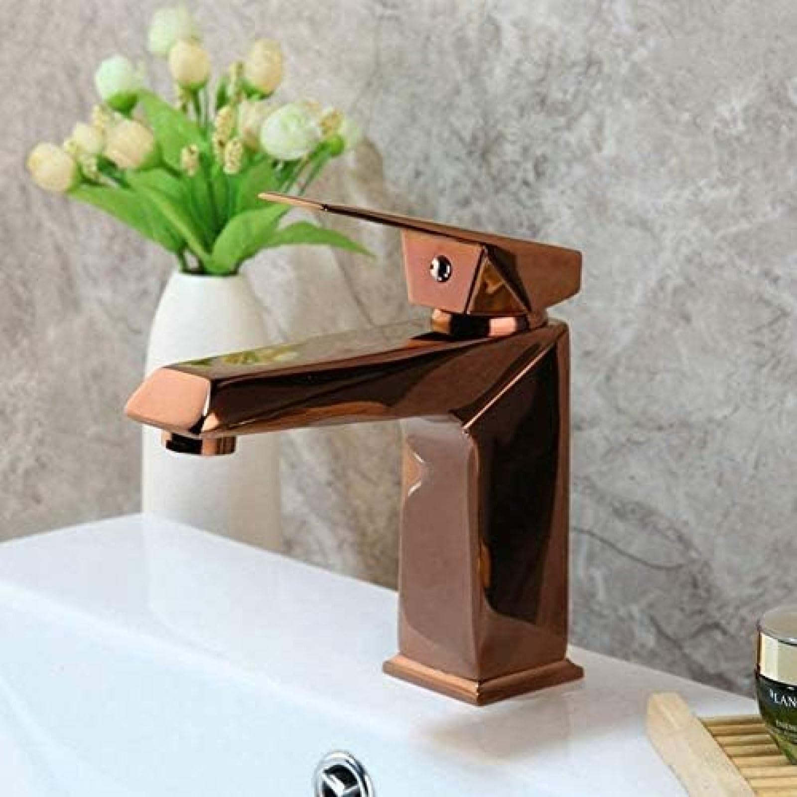 CRJUS Modern Rose Gold Bathroom Faucet - Solid Brass Deck Mounted Mixer Tap with High Arc Spout for Sink, Vanity & Washbasin - Perfect for Contemporary Bathroom & Kitchen Renovation