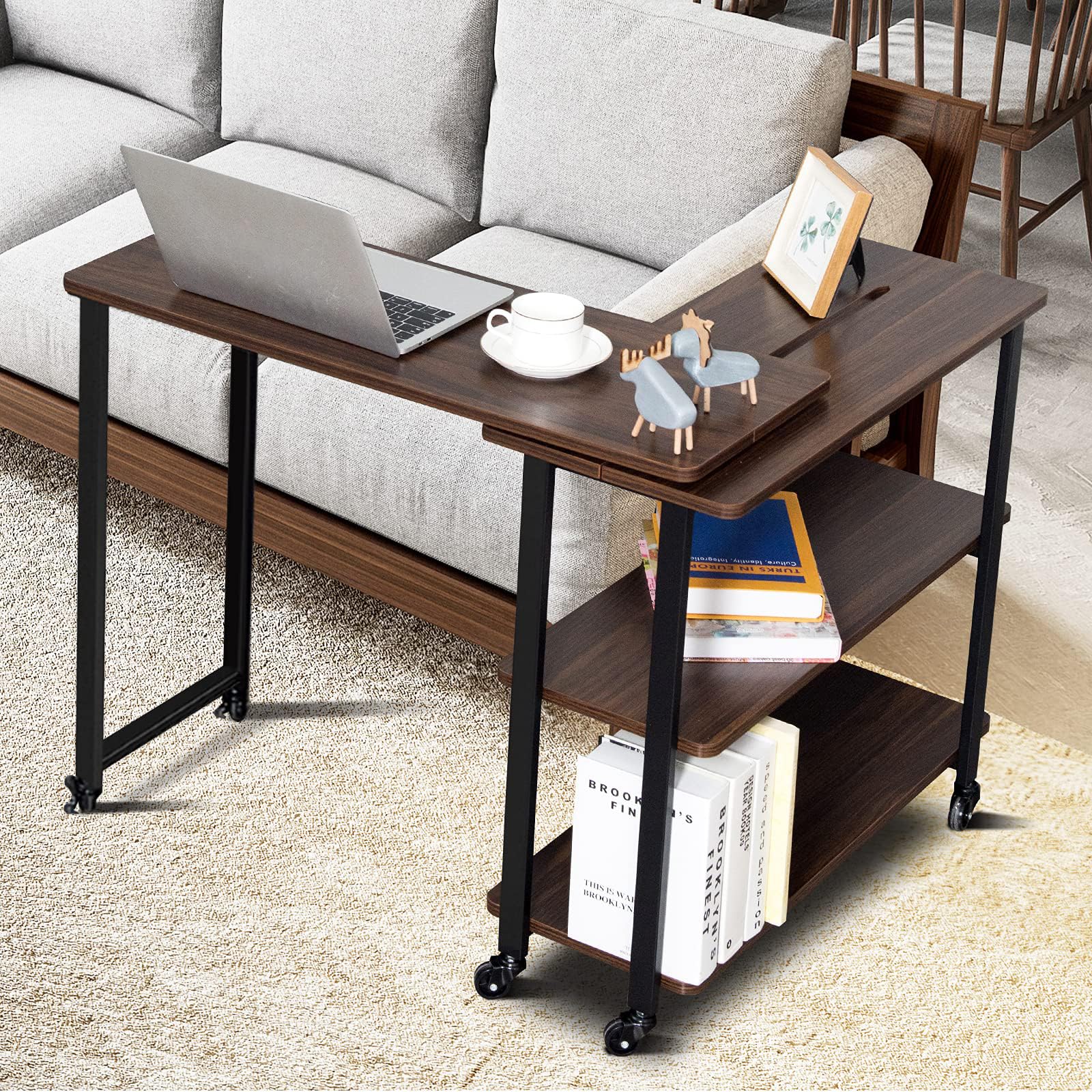 Tangkula 360° Rotating Sofa Side Table with 2-Tier Storage - Patented Mobile Couch Desk for Laptop, Snacks & Home Office - Sturdy Metal Frame Living Room & Bedroom Organizer