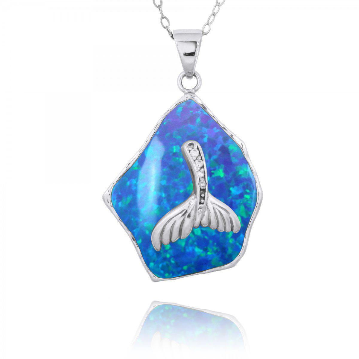 Blue Opal Necklace with Sterling Silver Whale Tail Pendant - Elegant Handmade Jewelry for Women, Gift for Her - Perfect for Beach Parties, Boho Fashion & Spiritual Healing