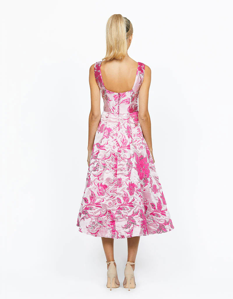 Silvanus A-Line Tea Length Dress for Women - Elegant Floral Print Summer Dress for Garden Party, Wedding Guest & Special Occasions