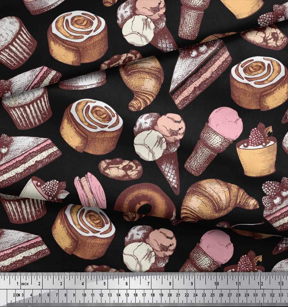 Soimoi Black Silk Fabric by The Yard - 42 Inch Wide - Cupcake, Donut & Cookies Food Print Design - Whimsical Printed Fabric for Sewing, DIY Crafts, Quilting, and Home Decor Projects