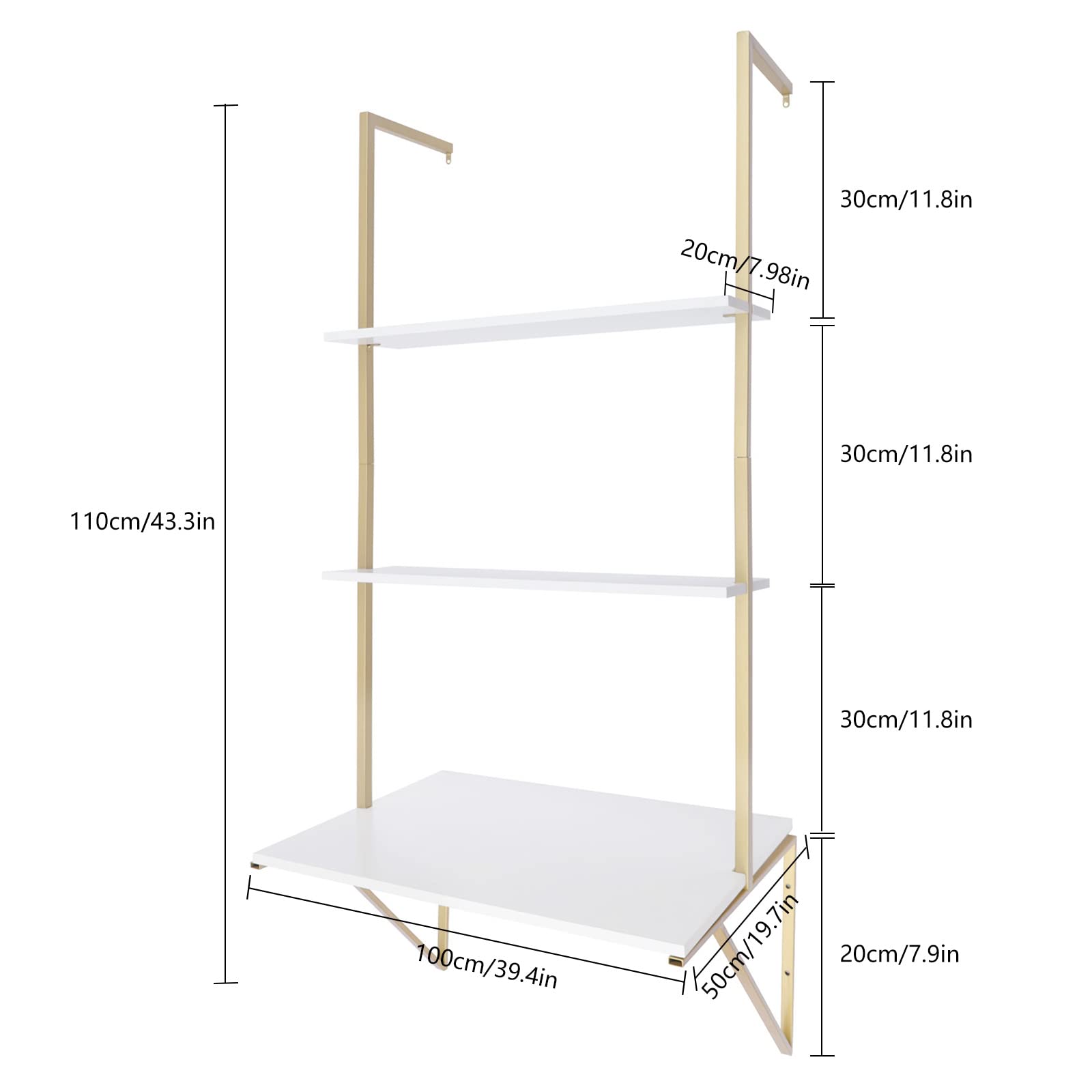 3 Tier Floating Wall Shelf - Gold Standing Ladder Desk for Laundry, Bathroom, Kitchen, Bedroom & Office - Space Saving Decorative Storage & Display Solution
