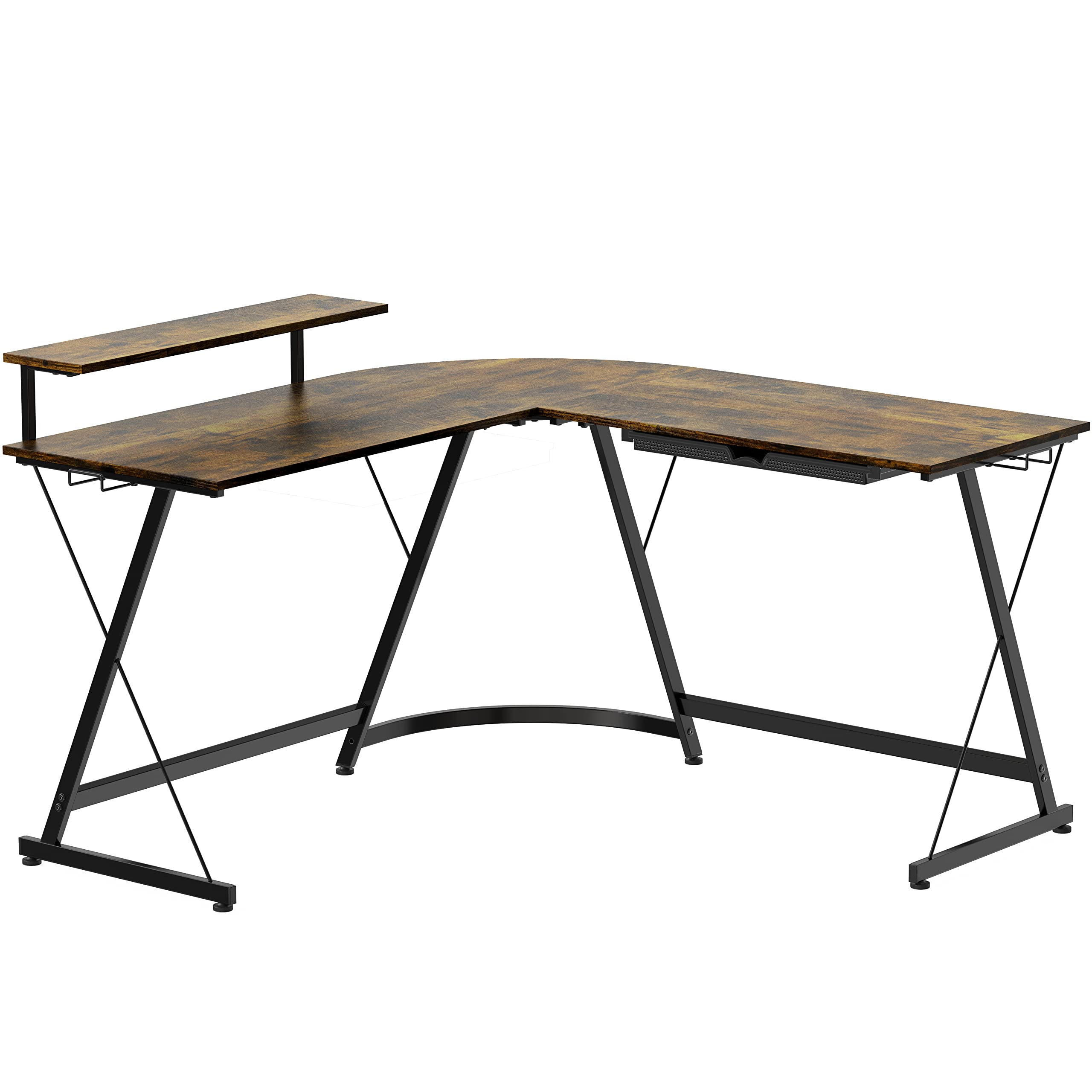 SHW Vista L-Shape Computer Desk with Monitor Stand - Rustic Brown Home Office Desk for Gaming & Workstation Setup | Perfect for Small Spaces & Corner Work Areas