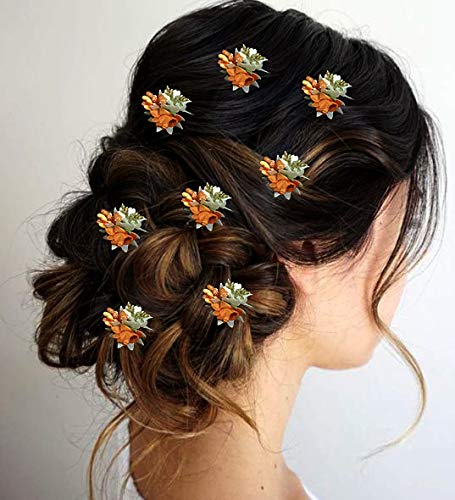 Women's Hair Pins with Artificial Flowers - Hair Clips & Bun Accessories for Weddings, Brides & Special Occasions (Orange) | Elegant Hair Styling for Parties, Prom & Formal Events