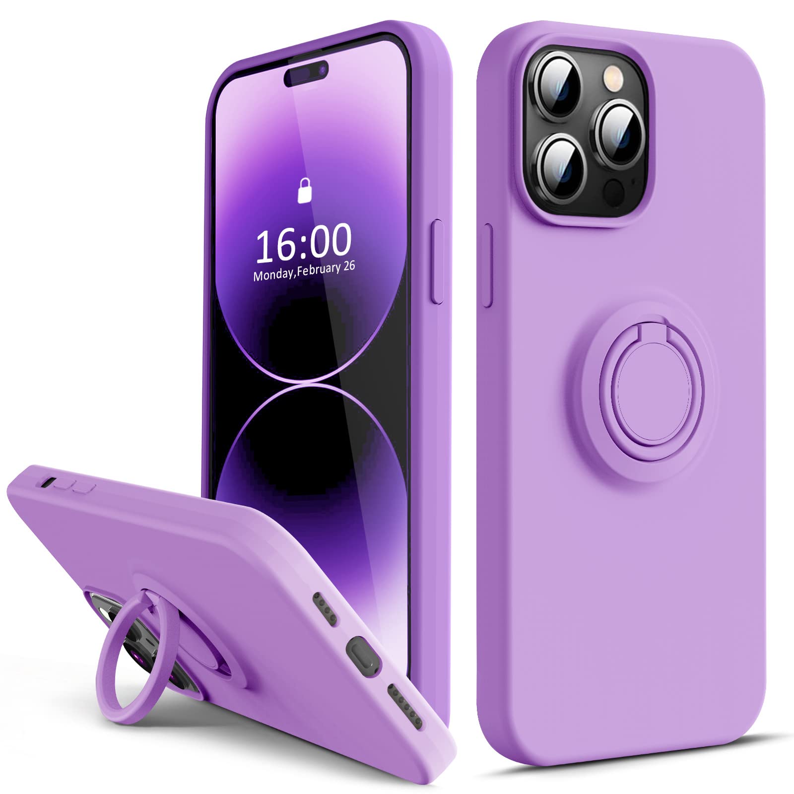 Thomo iPhone 14 Pro Case 6.1 Inch - Premium Liquid Silicone Shockproof Cover with Ring Stand Holder & Scratch Resistant Microfiber Liner | Ultra Slim Soft Protective Phone Case in Light Purple | Perfect for Everyday Use, Travel, and Work