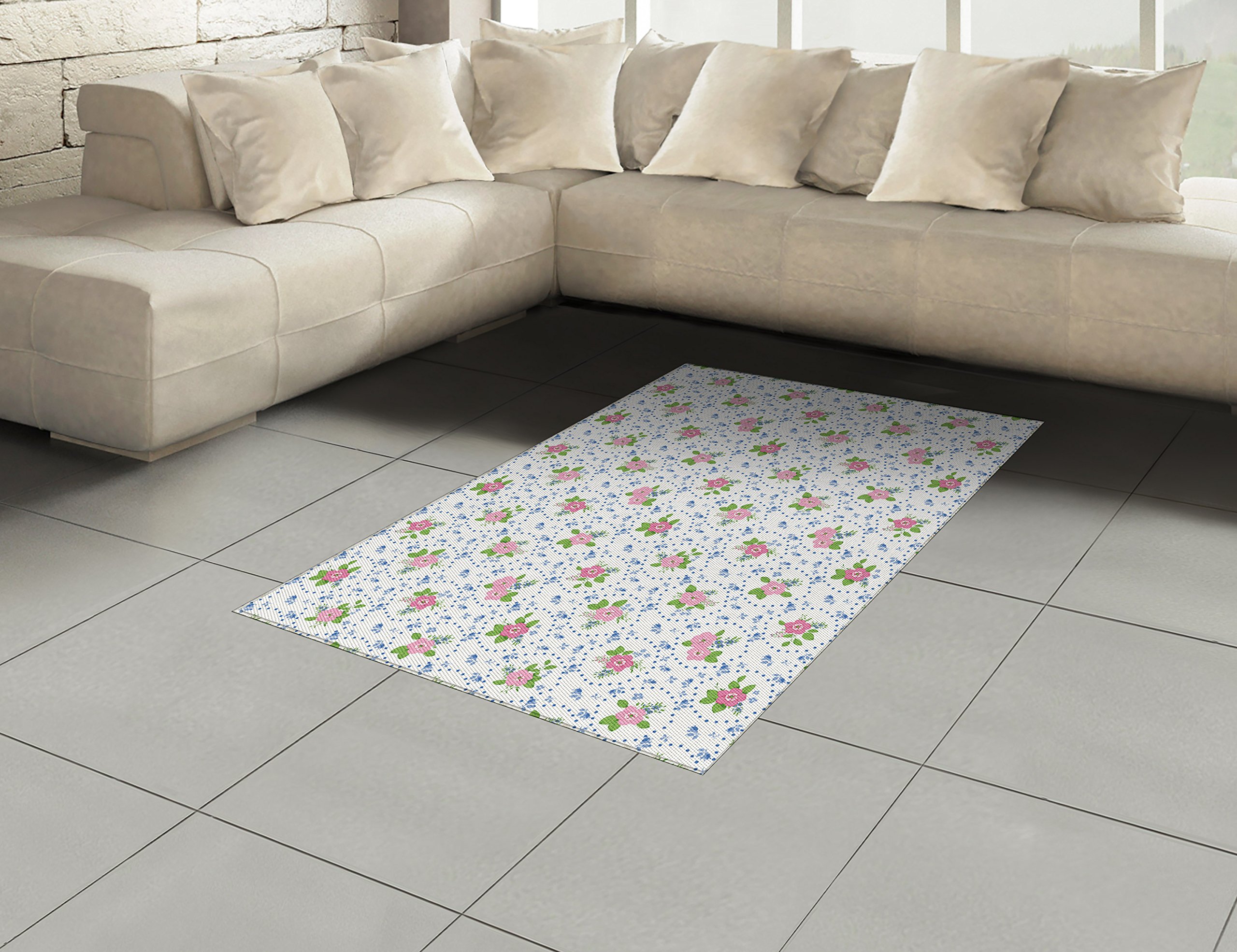 Ambesonne Shabby Floral Area Rug - Classic Peony Flowers with Circular Bouquets, Nature-Inspired Romantic Design, Non-Slip Flat Woven Accent Rug for Living Room, Bedroom, Dining Room - 4' x 5'7