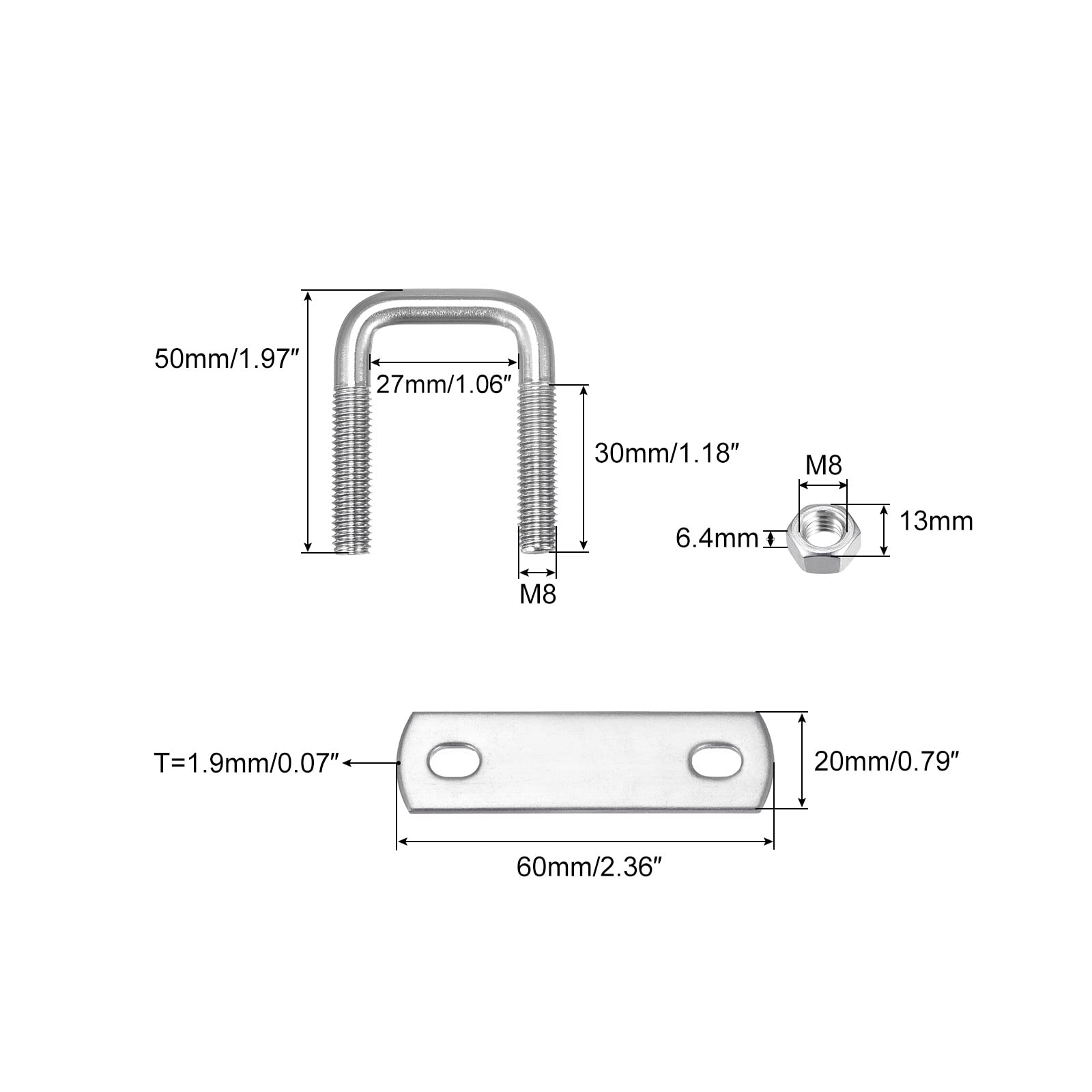 Stainless Steel U-Bolts 3 Pack - 27mm (1.06
