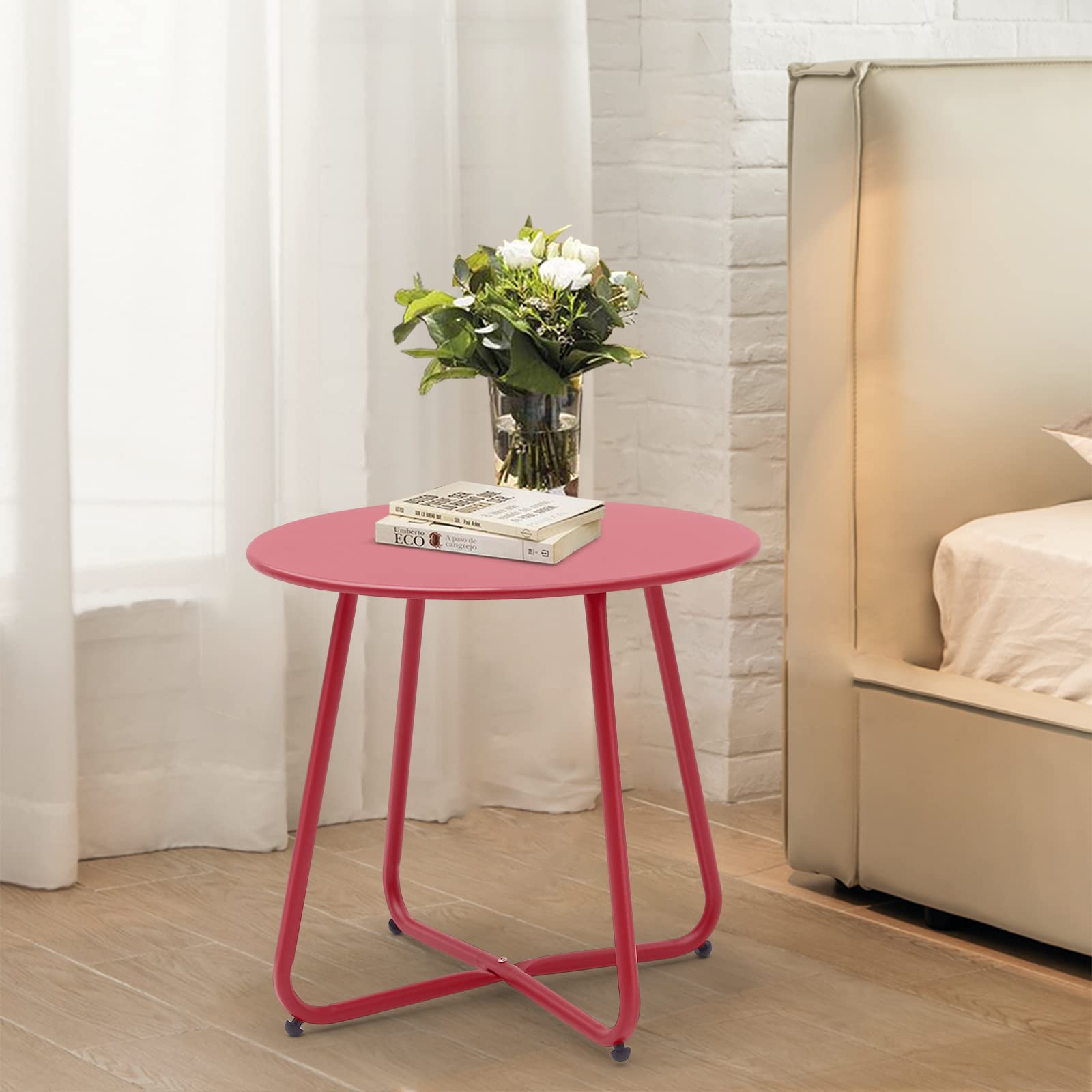 Waterproof Round Metal Side Table - Portable Indoor & Outdoor End Table for Patio, Garden, Balcony, Yard - Weather Resistant Steel Small Table (Red) - Perfect for Coffee, Drinks, and Decor