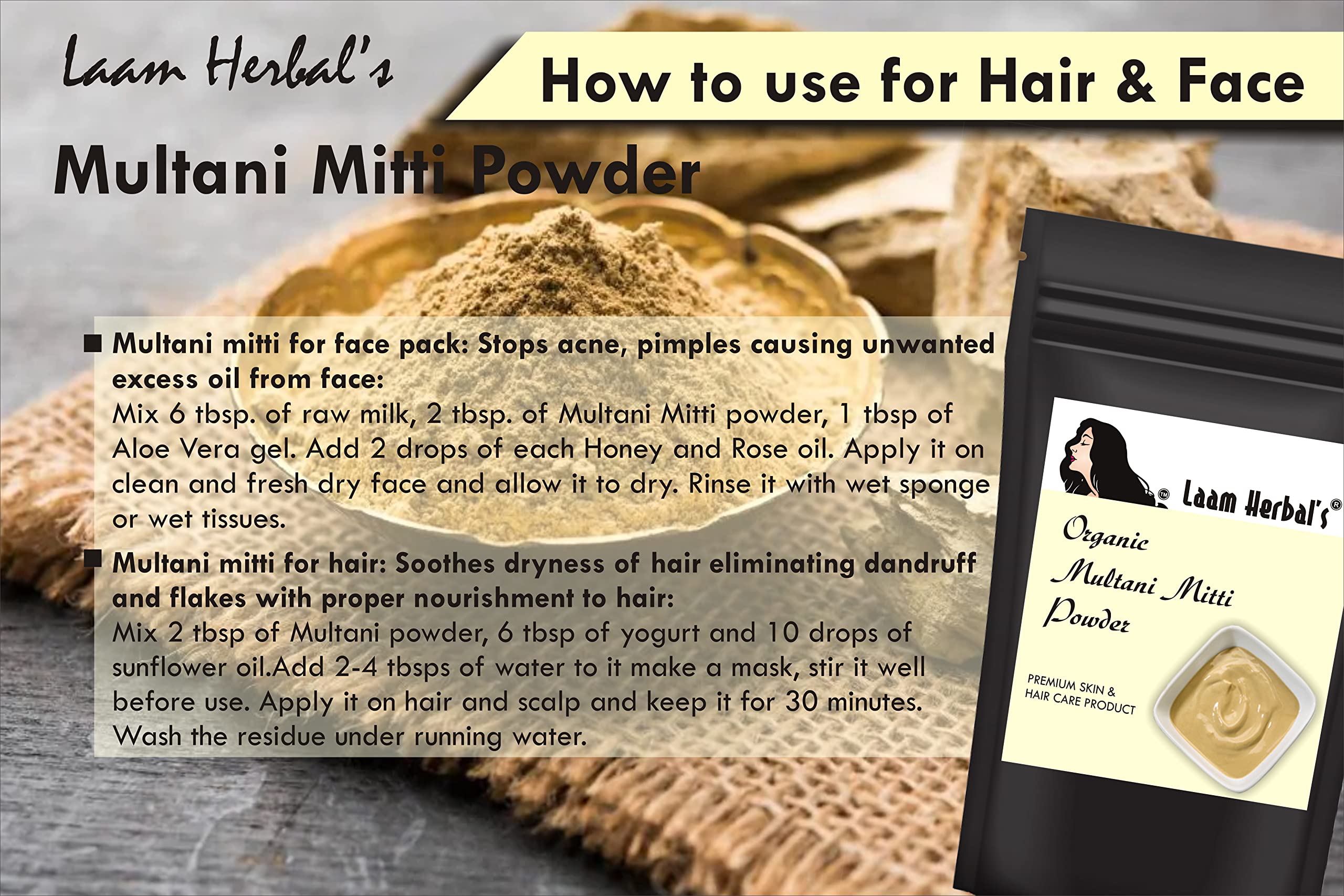 Laam Herbals Multani Mitti Powder - 1000g | Natural Skin Glow & Anti-Acne Face Mask | Unclogs Pores, Controls Oil, Reduces Tan & Wrinkles | For Radiant Skin & Healthy Hair | Perfect for Daily Skincare & Spa Treatments