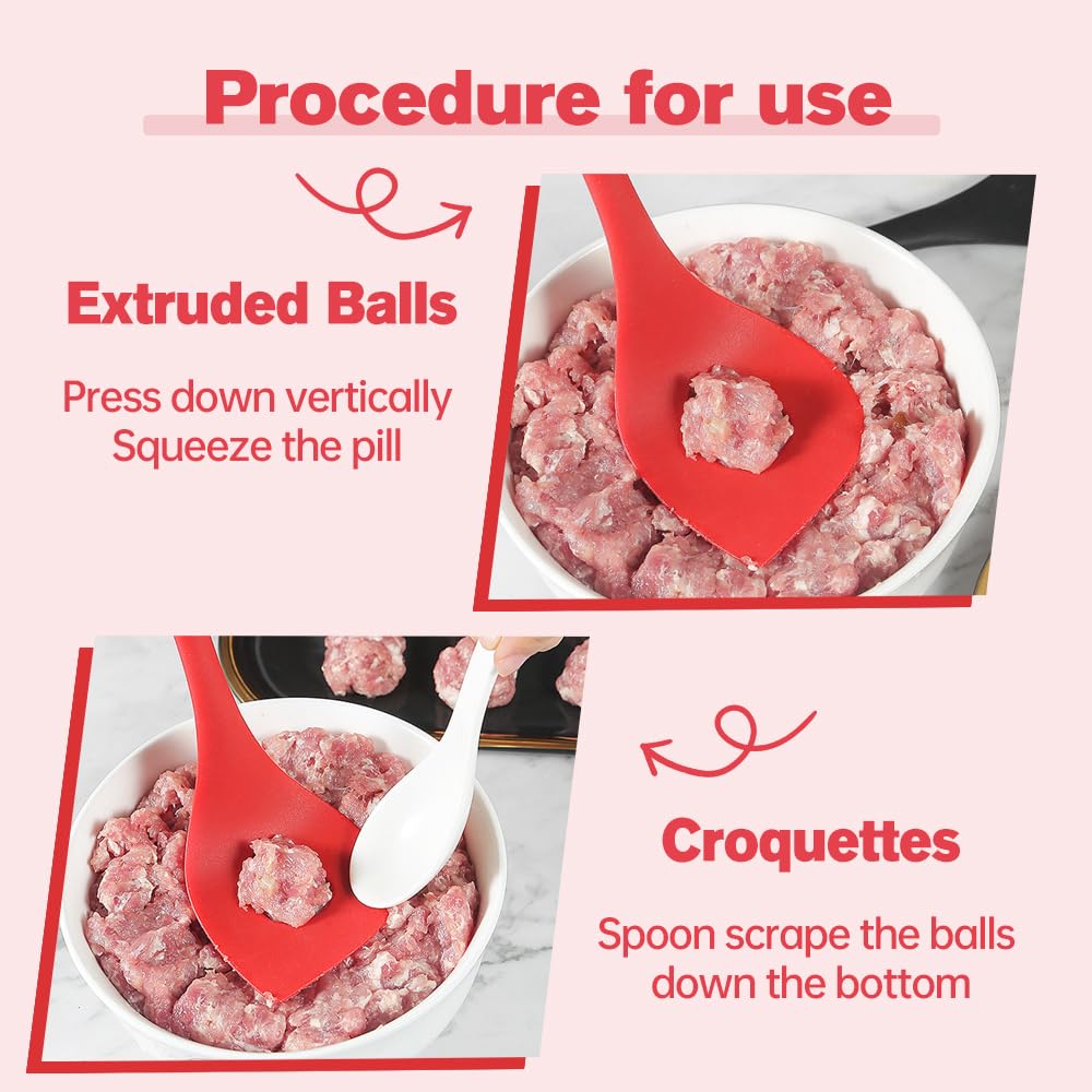 2PCS Non-Stick Silicone Meatball Maker Tool with Comfortable Handles - Manual Meatball Press Scoop for Perfect Homemade Meatballs, Fish Balls - Ideal for Kitchen, Cooking, Meal Prep & Party Food Making (Red)