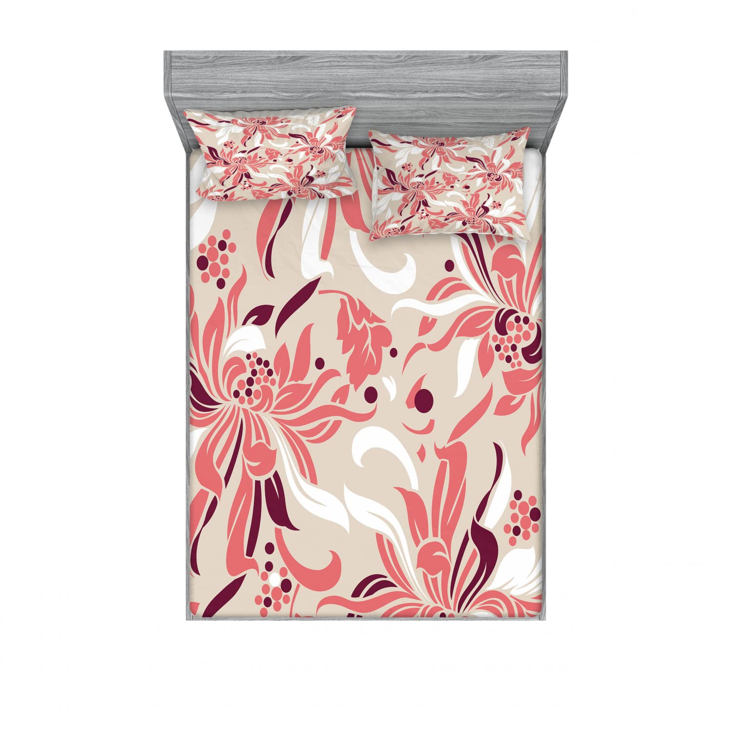 Ambesonne Floral 2-Piece Full Size Fitted Sheet Set with 4 Pillow Shams - Pastel Floral Pattern Bedding in Beige Coral Maroon for Master Bedroom, Guest Room & Vacation Home Decor