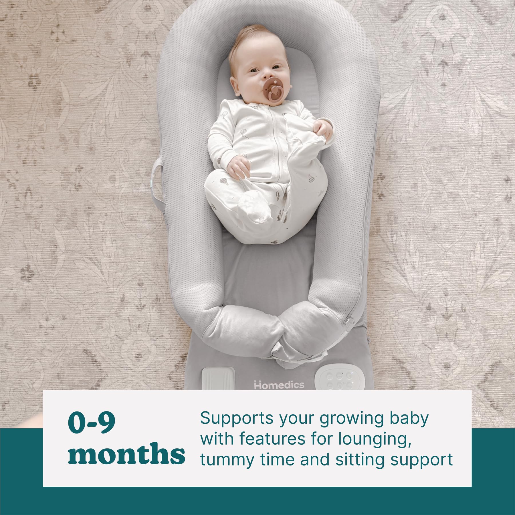 Homedics 3-in-1 Calming Baby Cushion with Soothing Sound & Vibration - Safe Cordless Rechargeable Cuddler for Newborns & Infants - Machine Washable Gray - Perfect for Nursery, Travel & Soothing Fussy Babies
