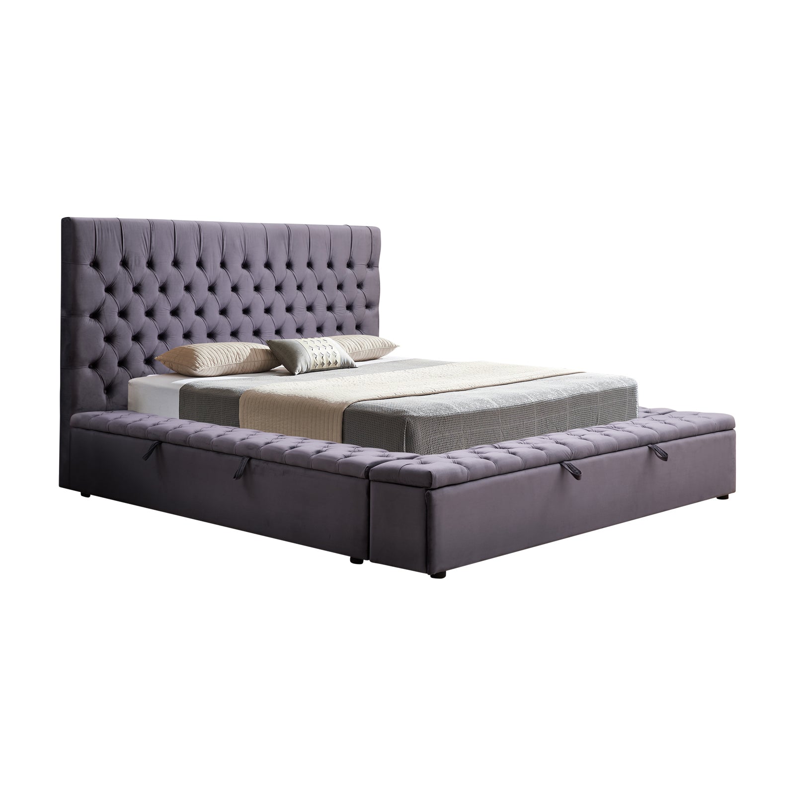 Luxury Anna Queen Size Bed Frame with Velvet Upholstery in Deep Grey - Elegant Bedroom Furniture for Master Suite or Guest Room