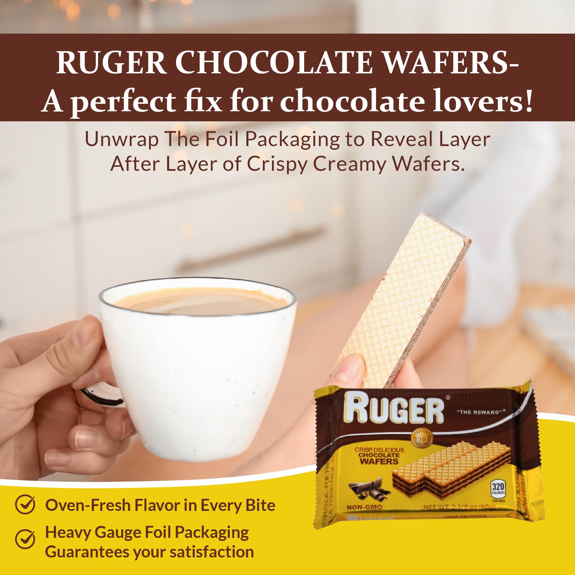 Ruger Austrian Chocolate Wafers - 12 Pack (2.125 oz Each) | Crispy Creamy Chocolate Snacks with Natural Ingredients | Long Shelf Life | Perfect for Office Snacks, Dessert Toppings & Gift Baskets