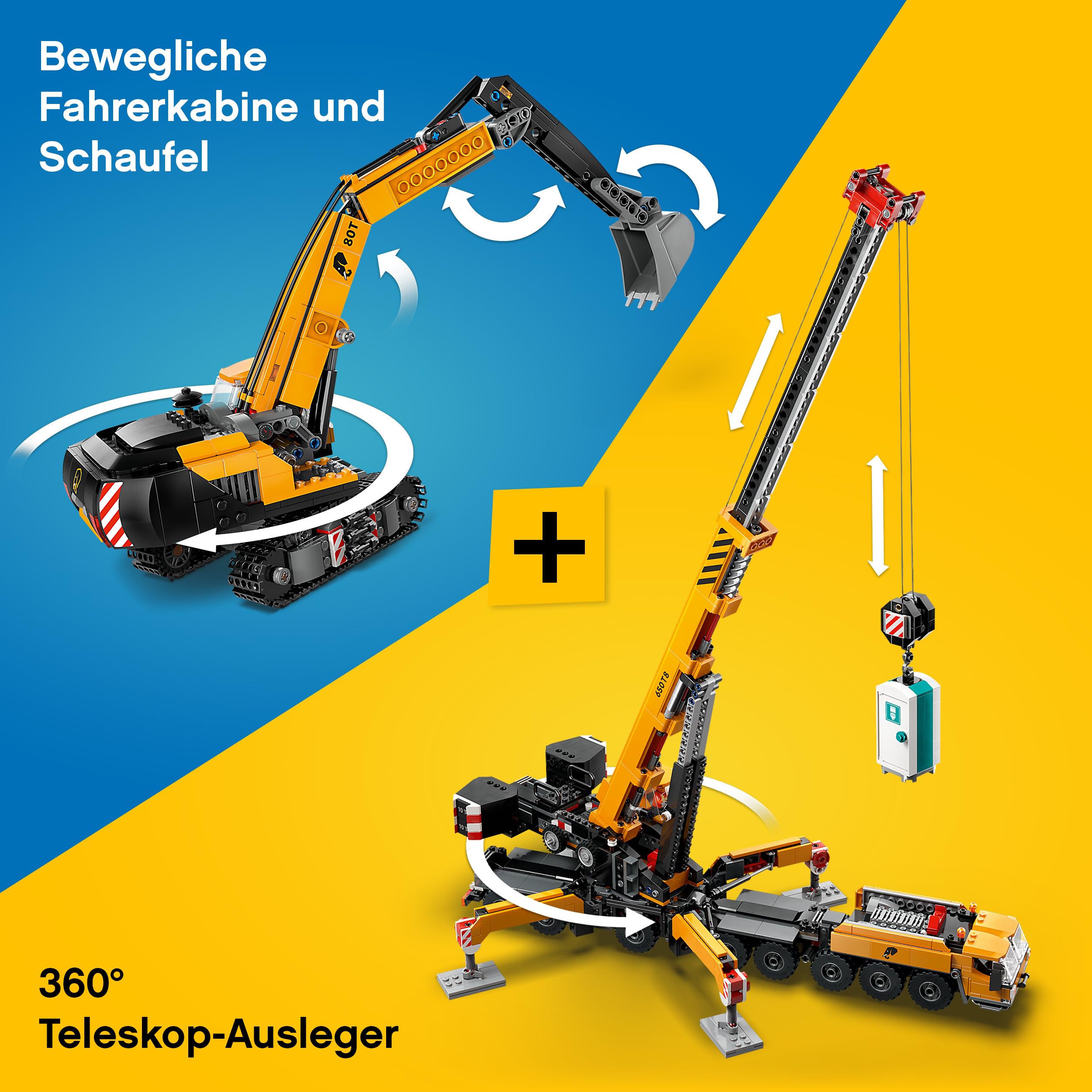 LEGO City Construction Crane & Excavator Set (60409 & 60420) - Mobile Crane & Tracked Digger Building Toy for Kids Ages 9+ - Creative Construction Playset for STEM Learning & Pretend Play