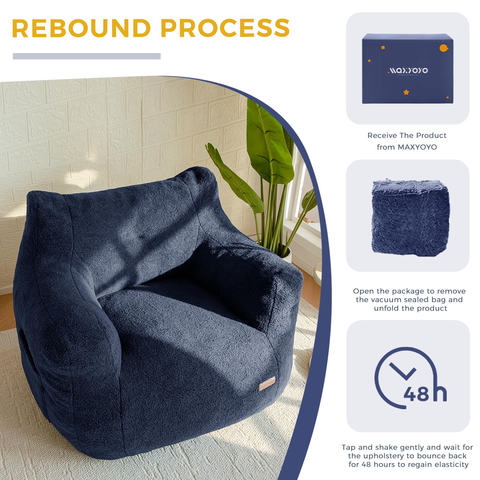MAXYOYO Tufted Boucle Fabric Bean Bag Chair - Ultra Comfortable Lazy Sofa with Filler for Adults & Teens (Navy Blue) - Perfect for Living Rooms, Bedrooms & Game Rooms