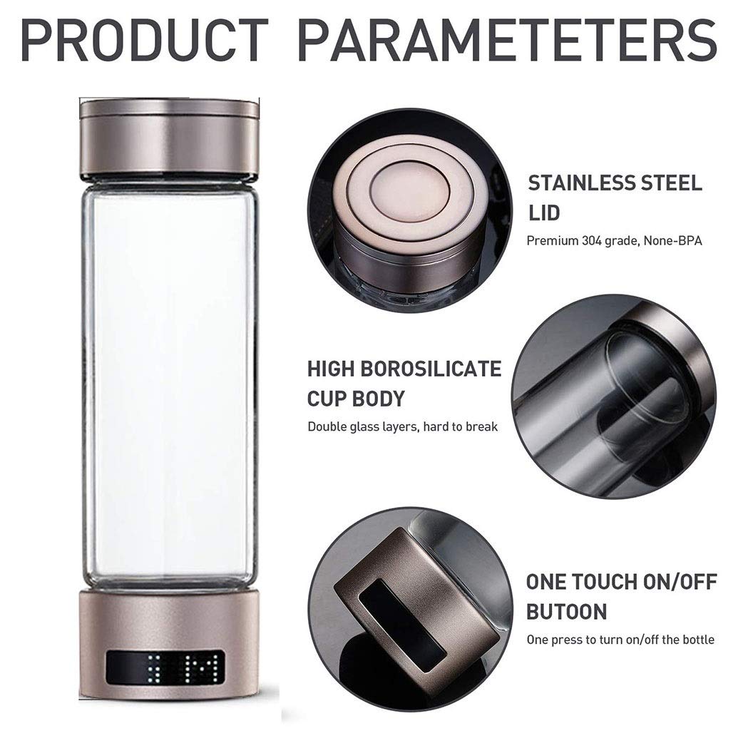 Hydrogen Water Bottle Generator - Portable Alkaline Water Maker with SPE/PEM Technology - 400ml High Borosilicate Glass Bottle - for Hydration, Detox & Energy Boost at Home, Gym or Travel