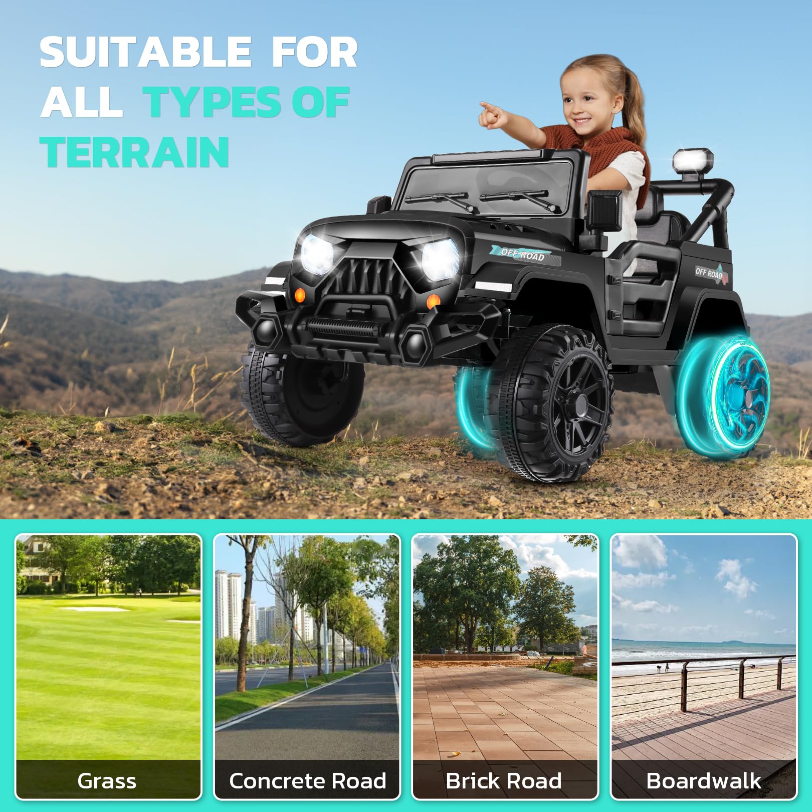 Hikole 12V Electric Ride on Car for Kids 3-6 Years - Remote Control, LED Lights, 3 Speed Modes, Spring Suspension & Seat Belt - Black Battery Powered Truck Toy for Boys & Girls | Perfect for Birthday Gifts, Outdoor Play & Backyard Fun