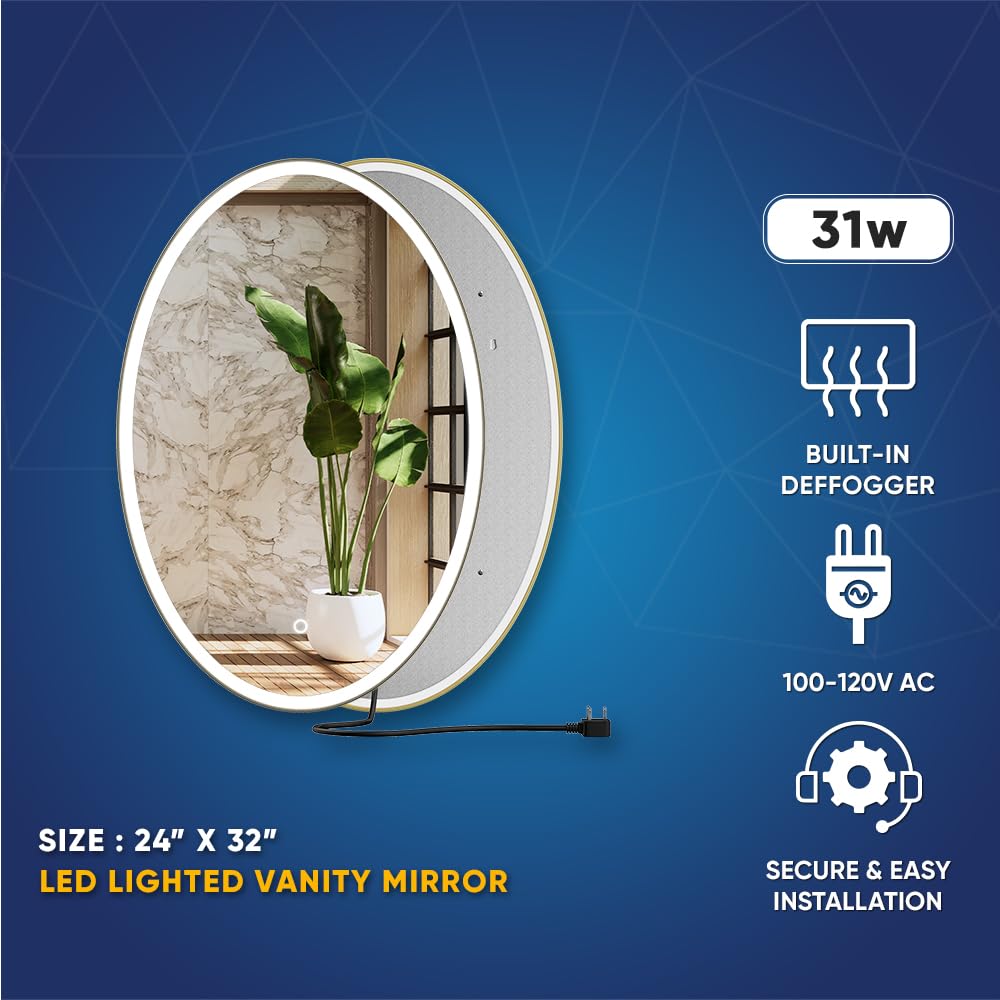 LEDMyplace 24x32 Inch Oval LED Bathroom Mirror with Adjustable CCT (3000K/4000K/6000K), Anti-Fog, High CRI 90+, Touch Control - Wall Mounted Vanity Makeup Mirror with Memory Function - Perfect for Modern Bathrooms, Dressing Rooms & Makeup Studios