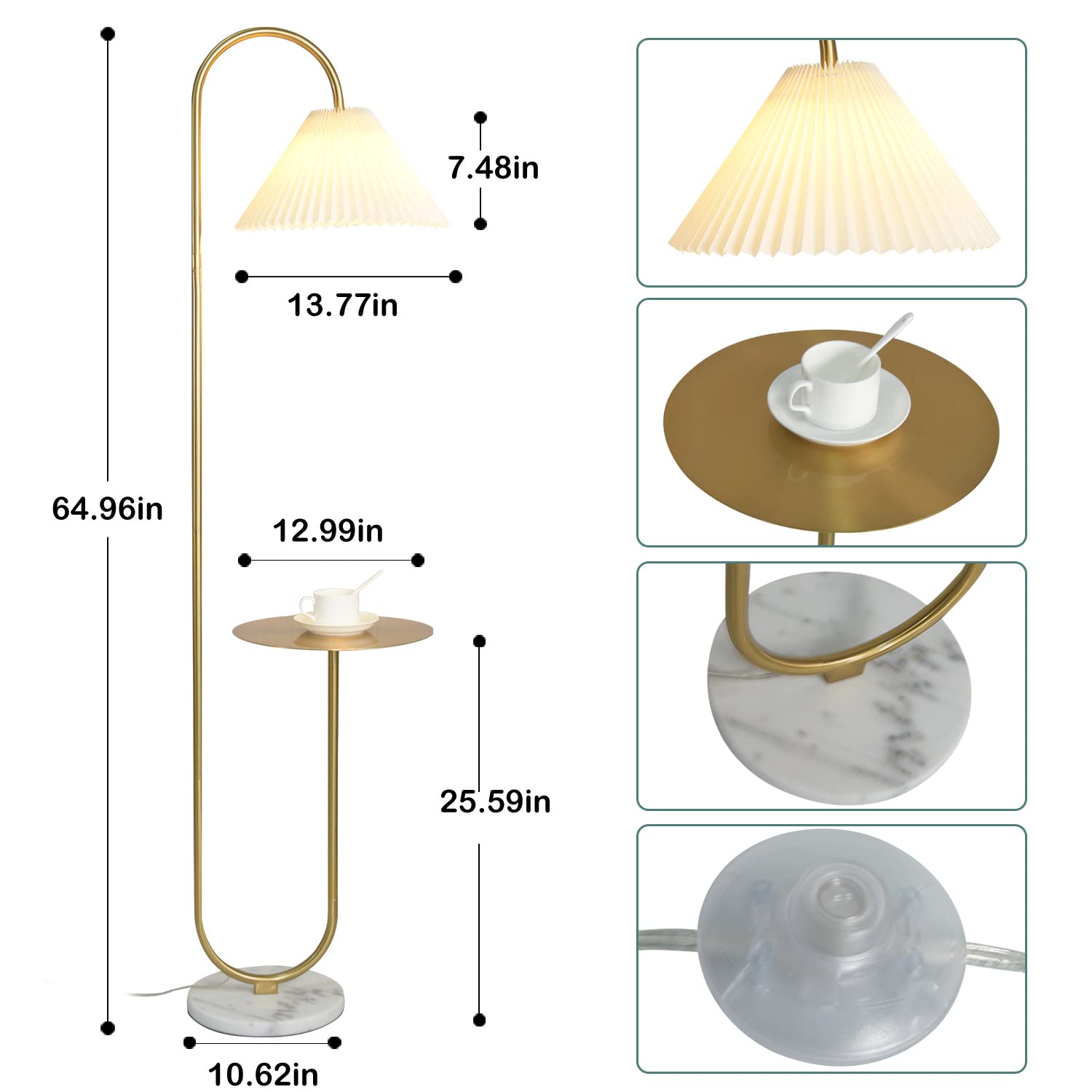 Beaysyty Modern Elegant Floor Lamp with Tray - Brass/Gold Finish & Light Yellow Pleated Lampshade for Office, Cafe, Living Room & Bedroom | Foot Switch Control | Perfect for Reading, Working & Relaxing