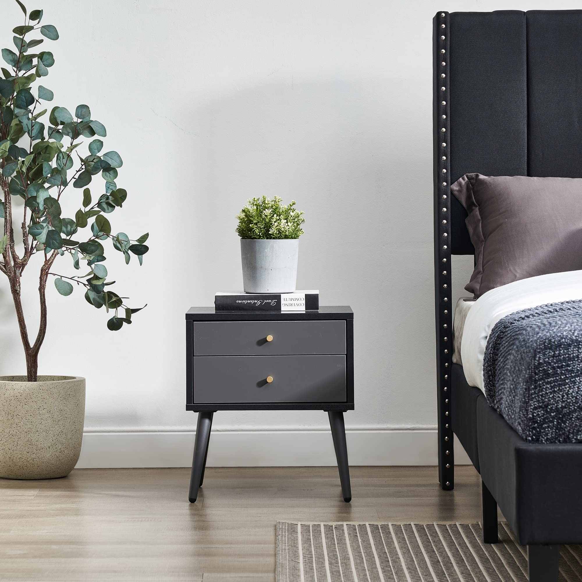 Modern End Side Table Nightstand with 2 Storage Drawers - Solid Wood Bedside Cabinet for Bedroom & Living Room - Easy Assembly Furniture - Perfect for Small Spaces, Apartment Decor, and Home Organization