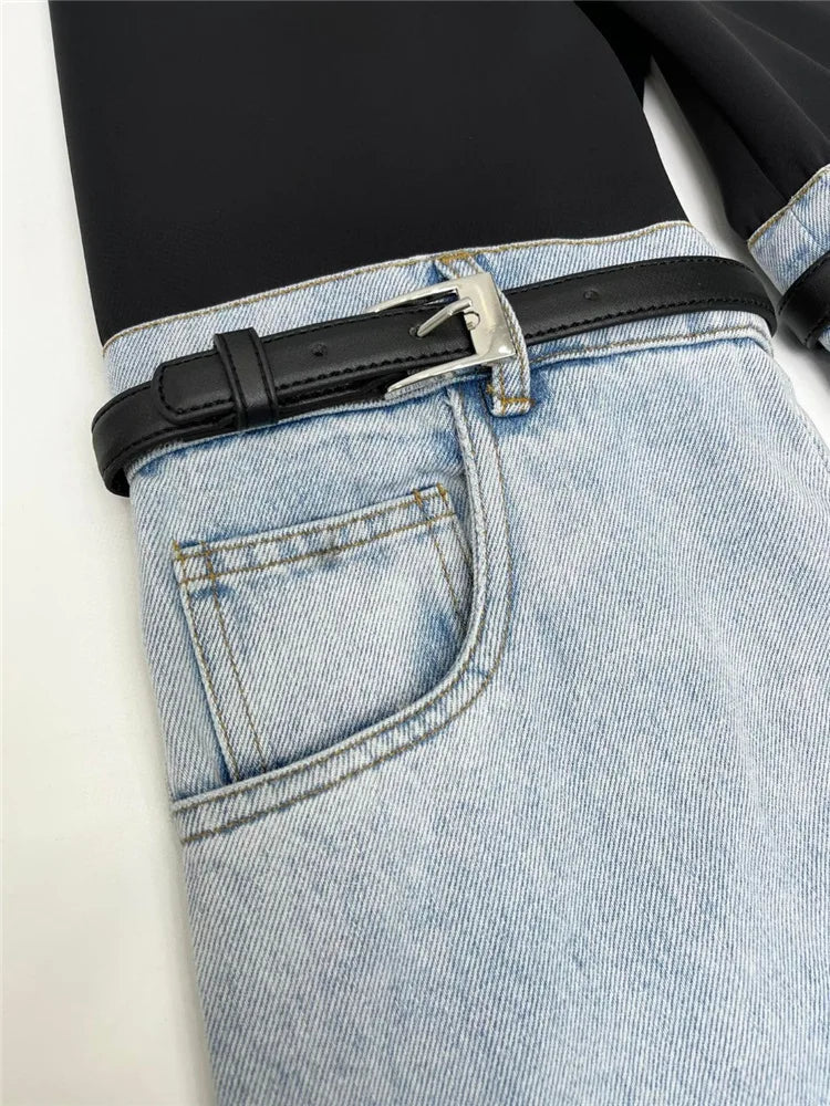 DEAT Fashion Women's High Waist Straight Leg Jeans with PU Leather Patchwork & Buckle Details - Trendy Streetwear Denim Pants for Spring 2023 | Perfect for Casual Outings, Parties and Everyday Wear