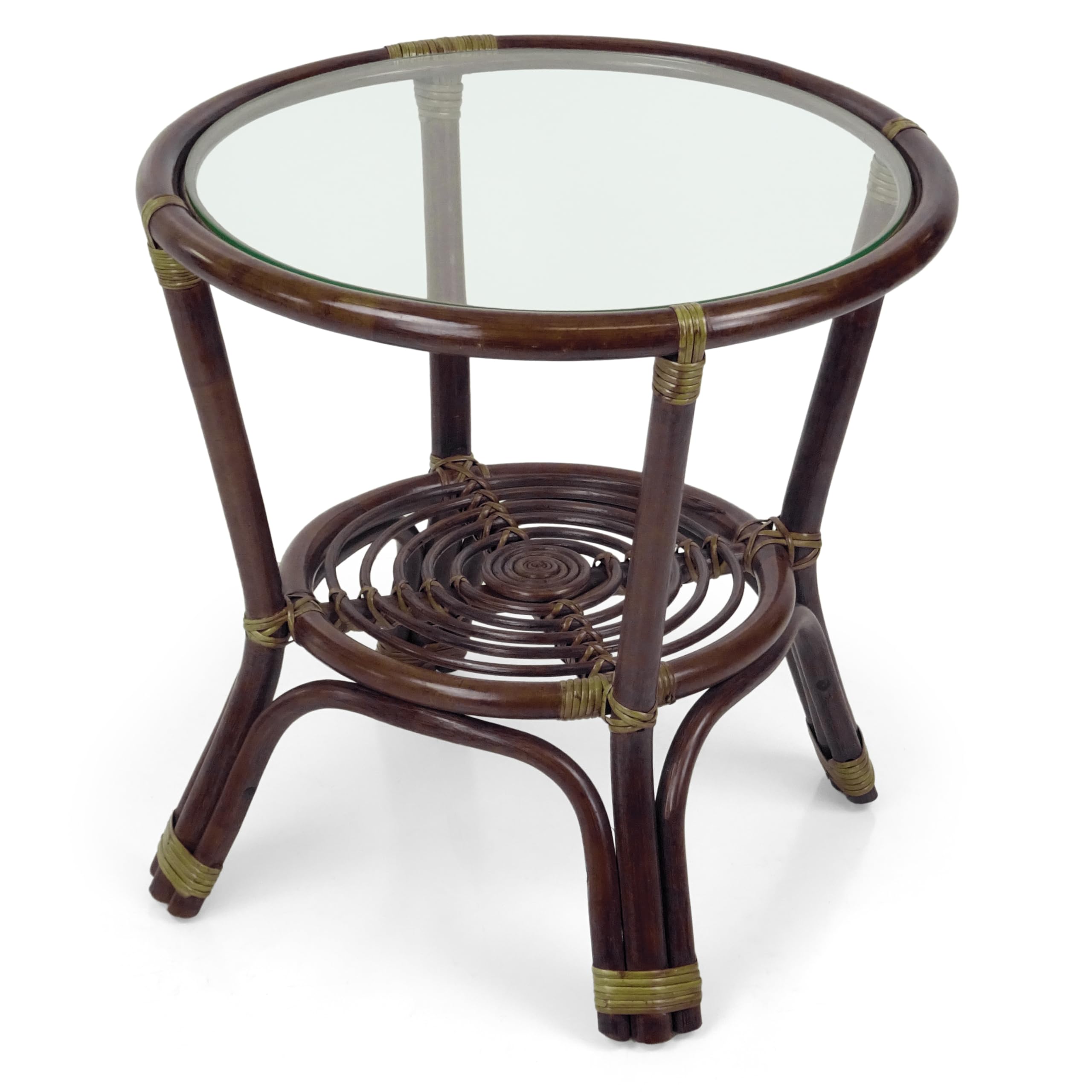 Dark Brown Leo Rattan Wicker Round Accent Coffee Table with Tempered Glass Top - Perfect for Living Room, Patio, or Balcony Decor