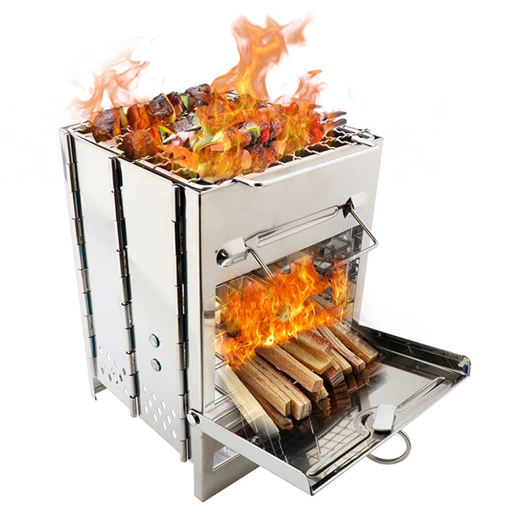 Portable Stainless Steel Camping Stove - Compact Folding Wood Burning Stove for Backpacking, Hiking & Outdoor Cooking | BBQ Grill with Carry Bag | Perfect for Camping Trips, Picnics & Emergency Preparedness