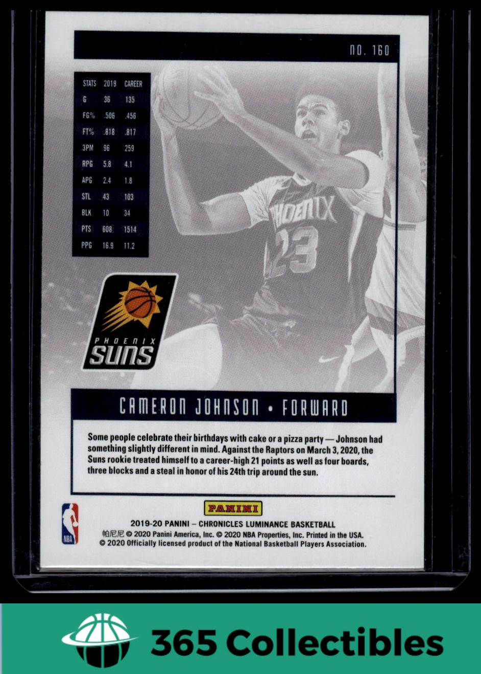 2019-20 Panini Chronicles Cameron Johnson Purple #160 Basketball Card - Phoenix Suns Rookie - Collectible Trading Card for NBA Fans & Sports Memorabilia Enthusiasts