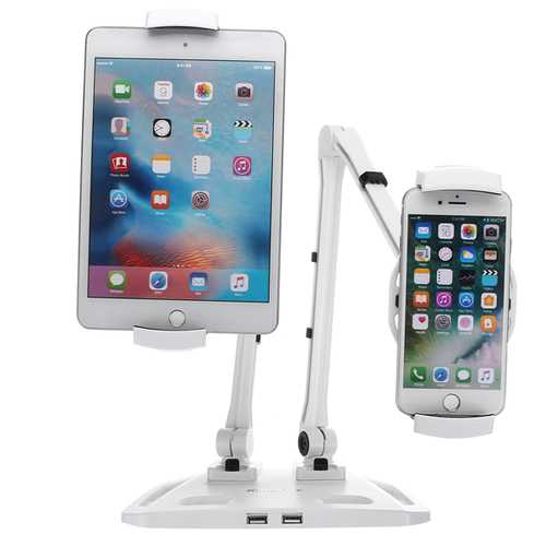 Dual Arm Adjustable Tablet Stand with USB Port - Swivel Mount Holder for iPad, Laptop, Phone - Perfect for Home Office, Gaming & Streaming