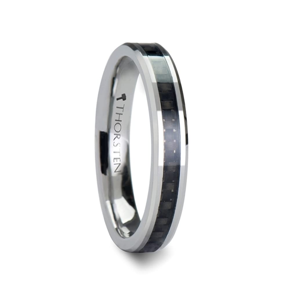 Roy Rose Men's Tungsten Wedding Ring with Black Carbon Fiber Inlay - Comfort Fit Beveled Edge - Available in 4mm, 6mm, 7mm, 8mm, 10mm & 12mm Widths - Maximus Style - Perfect for Engagement, Anniversary & Everyday Wear