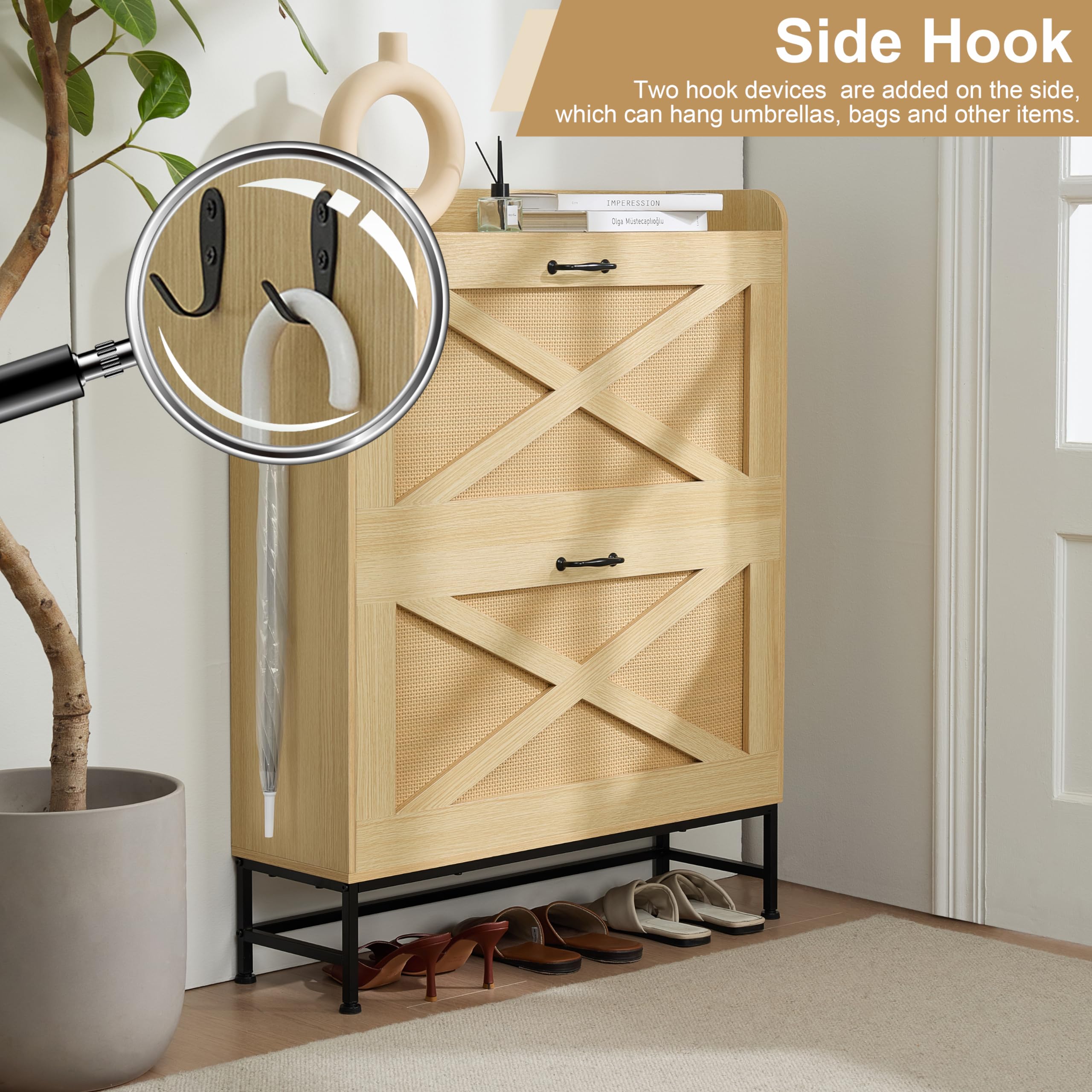 Slim Rattan Shoe Cabinet with 2 Flip Drawers - Narrow Entryway Shoe Organizer, Hidden Storage Cabinet with Metal Legs, Farmhouse Style Free Standing Shoe Rack - Perfect for Small Spaces, Apartments & Closet Organization (Natural Color)