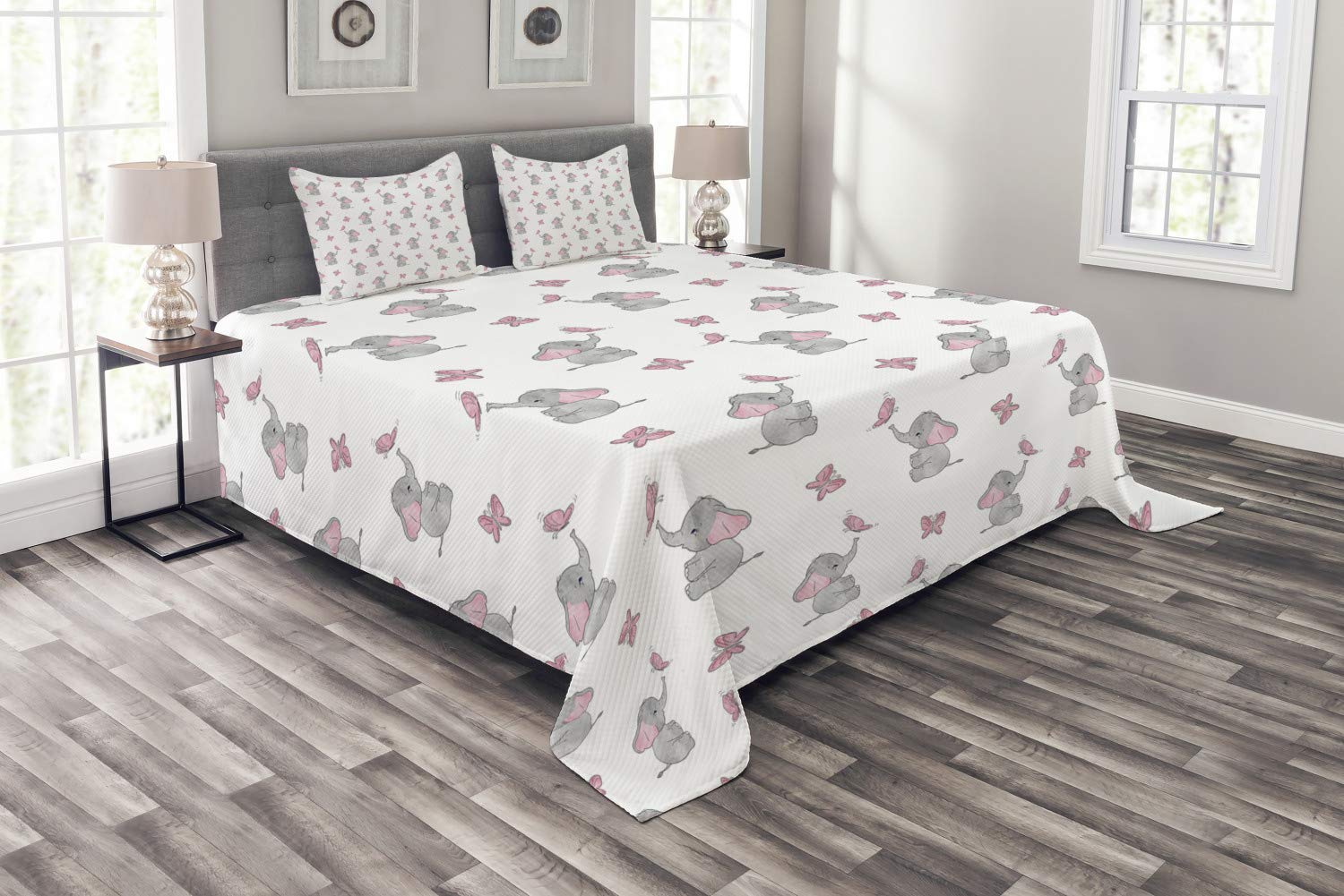 Ambesonne Animal Cartoon Bedspread Set - Playing Butterflies Design 3-Piece King Size Bedding (Coverlet + 2 Pillow Shams) in Pale Pink White Grey - Soft Decorative Comforter for Kids Room, Guest Bedroom & Dorm