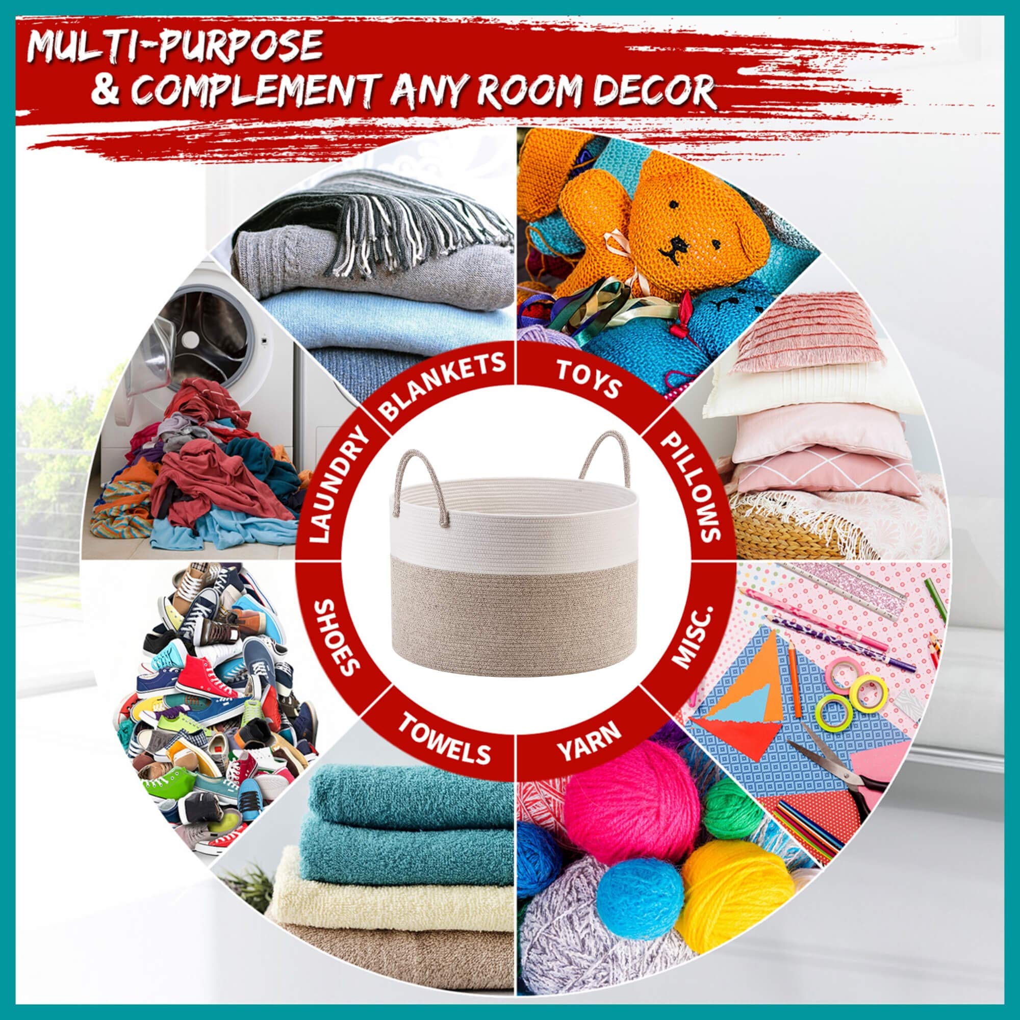 MINTWOOD Extra Large 22x14 Inch Cotton Rope Storage Basket - Woven Laundry Hamper, Toy Organizer, Decorative Pillow & Blanket Holder for Living Room, Bedroom, Nursery | Handmade with Handles for Easy Carrying