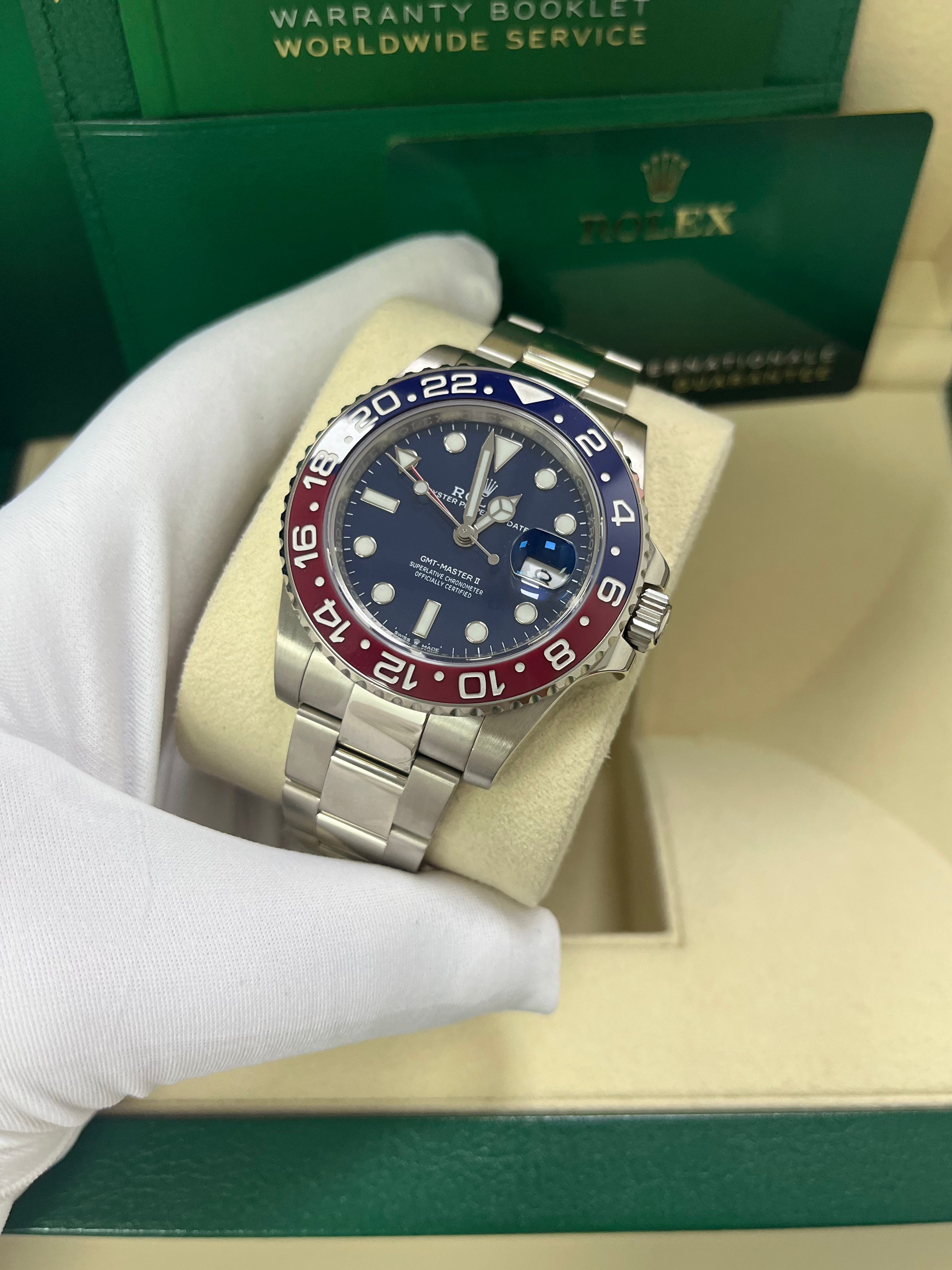 Rolex GMT Master II 40mm White Gold Pepsi Blue Dial Oyster Bracelet Ref#126719BLRO - Luxury Watch for Travel, Business & Collectors