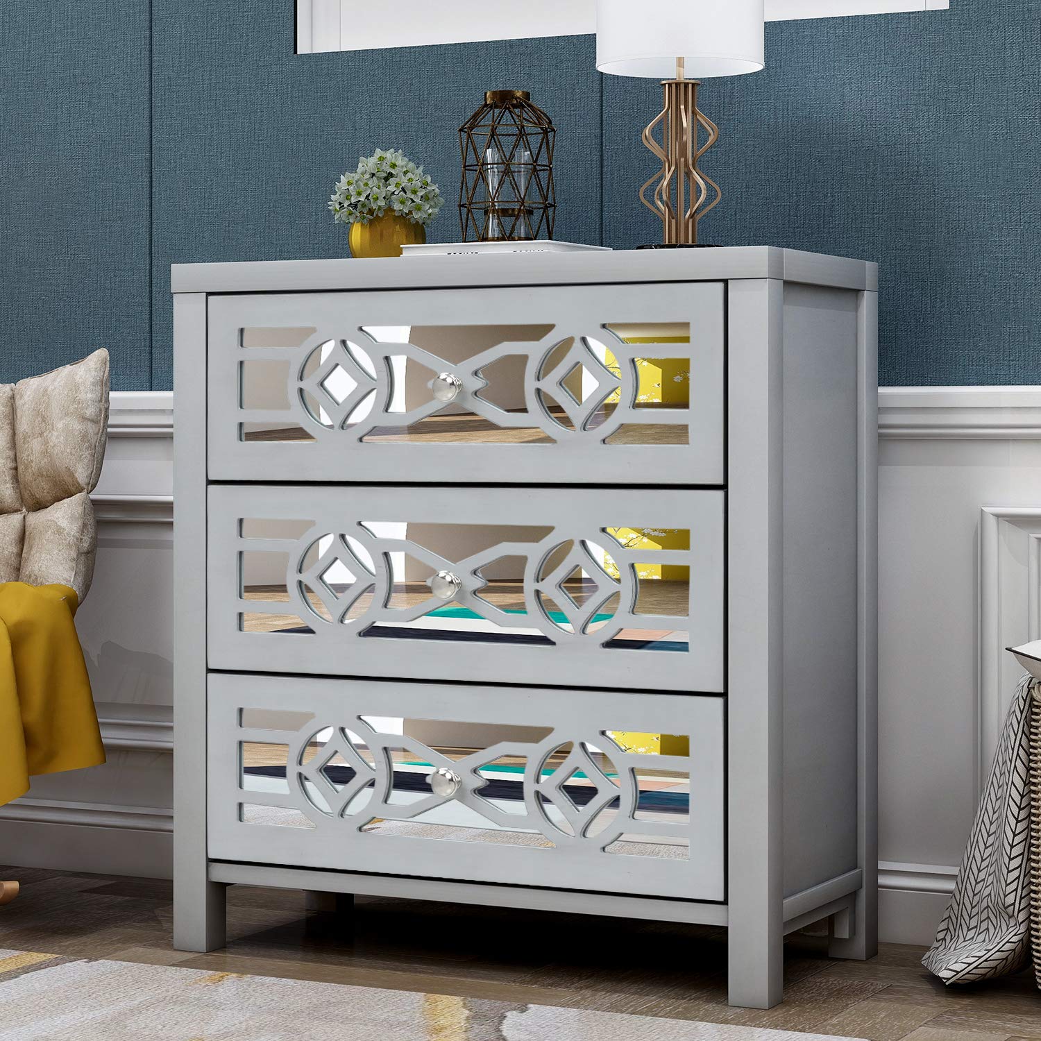 4-Tier Wooden Storage Cabinet with 3 Drawers & Mirror - Industrial Style Entryway Console Table, Modern Sofa Table for Hallway & Living Room - Natural Wood Finish (Silver) | Perfect for Small Space Organization & Home Decor
