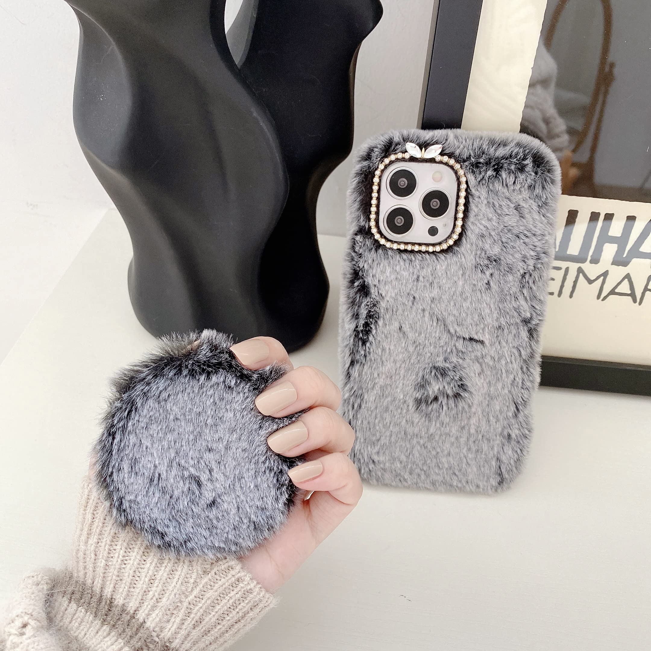 **Omio iPhone 12 Pro Max Case - Plush Fluffy Furry Cover with Detachable Makeup Mirror, Glitter Rhinestone Design, Winter Warm Cute Phone Case for Women & Girls - Perfect for Daily Use, Travel, and Gift Giving**