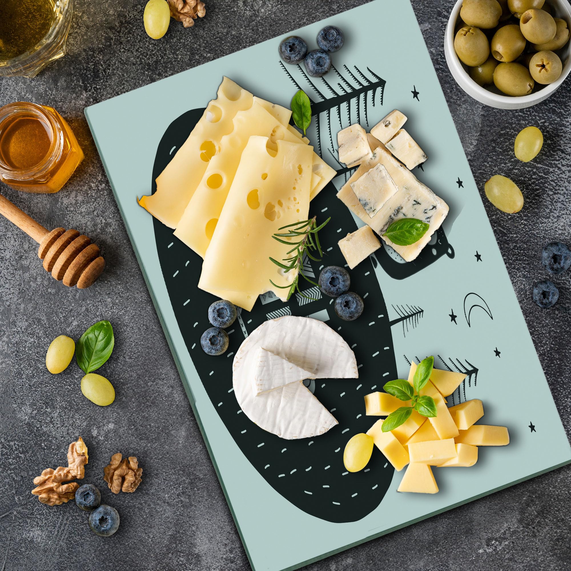 Ambesonne Grey and White Bear Forest Cutting Board - Hand Drawn Smiling Bear Holding Fish Design - Tempered Glass Serving Board for Kitchen & Dining - Large Decorative Charcuterie Tray for Entertaining & Gifts
