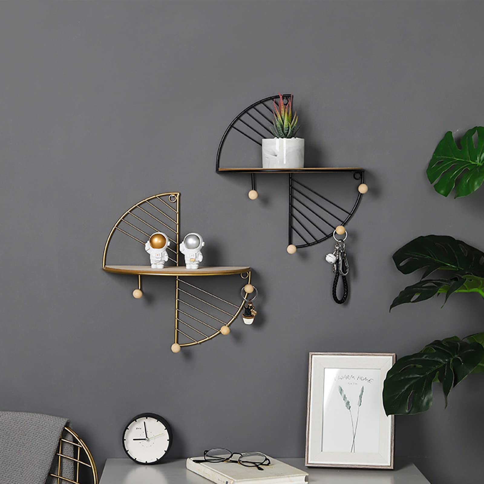 Floating Shelves Wall Mounted - Half Round Wood & Metal Semi-Circle Wall Shelf - Decorative Hanging Shelves for Living Room, Bathroom, Kitchen - Perfect for Displaying Plants, Books & Home Decor