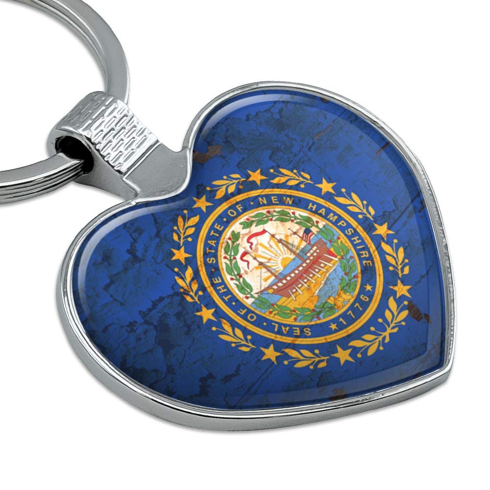 Vintage Rustic New Hampshire State Flag Keychain - Distressed USA Metal Key Ring with Heart Design - Perfect for Travel, Gifts & Patriotic Accessories
