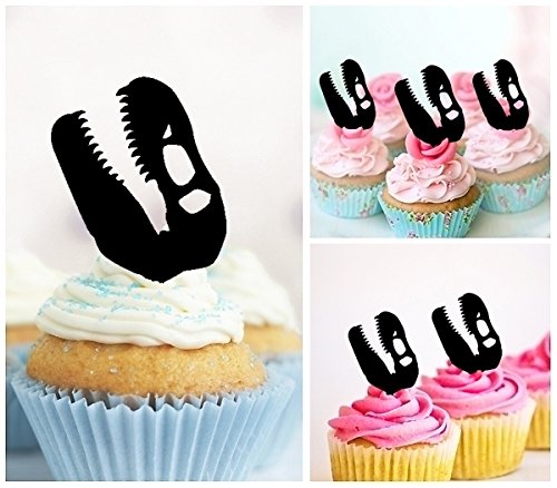Trex Head Fossil Silhouette Acrylic Cupcake Toppers - 10 Pack for Dinosaur Themed Party, Wedding, Birthday Decorations | Perfect for Jurassic Decor, Cake Toppers, and DIY Crafts