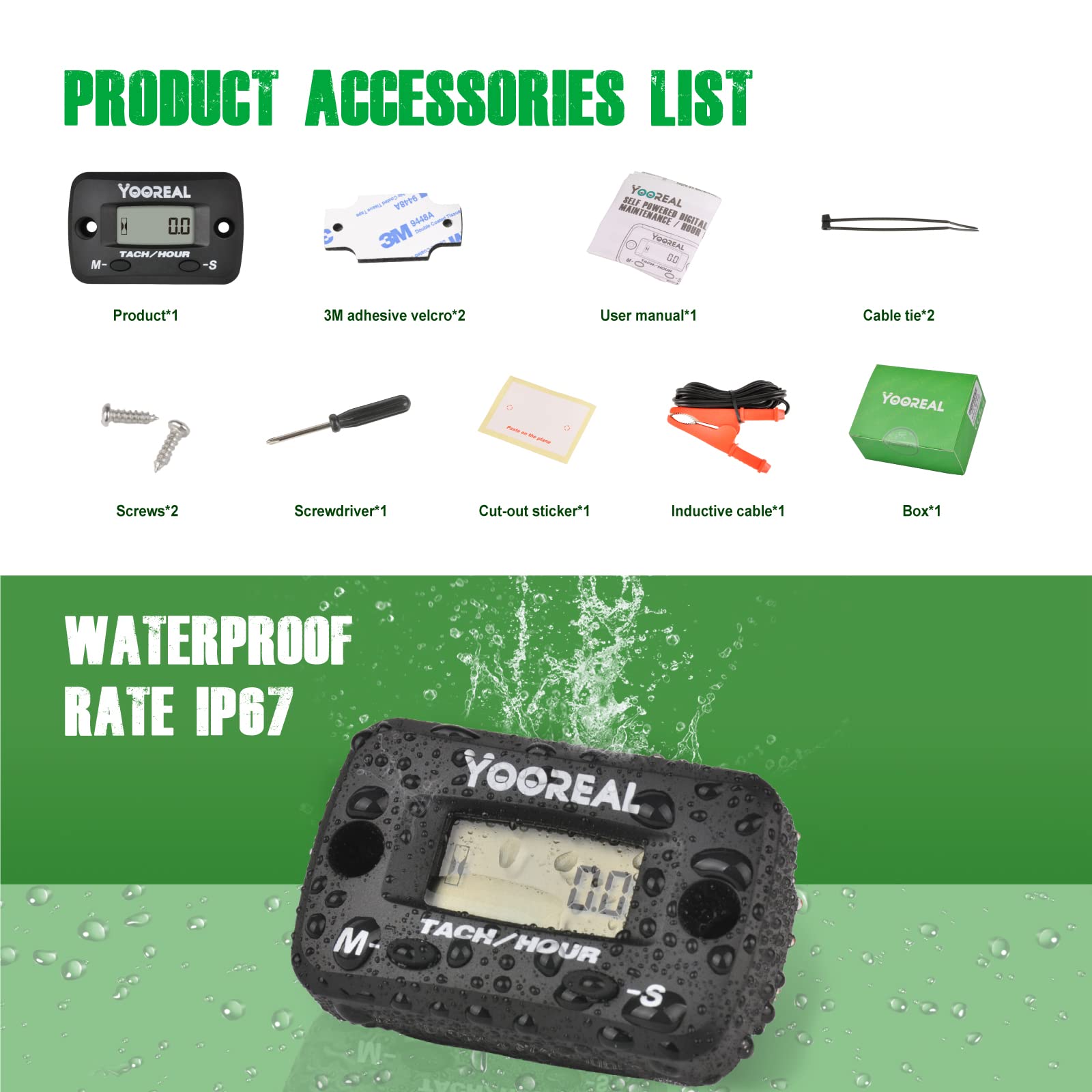 Yooreal Digital Hours Meter Tachometer with Clip - Replaceable Battery, Waterproof Engine Hour Counter for Lawn Mower, Brush Cutter, Generator, Air Compressor, Scooter, Chainsaw - Track Usage Time for Maintenance & Service Reminders