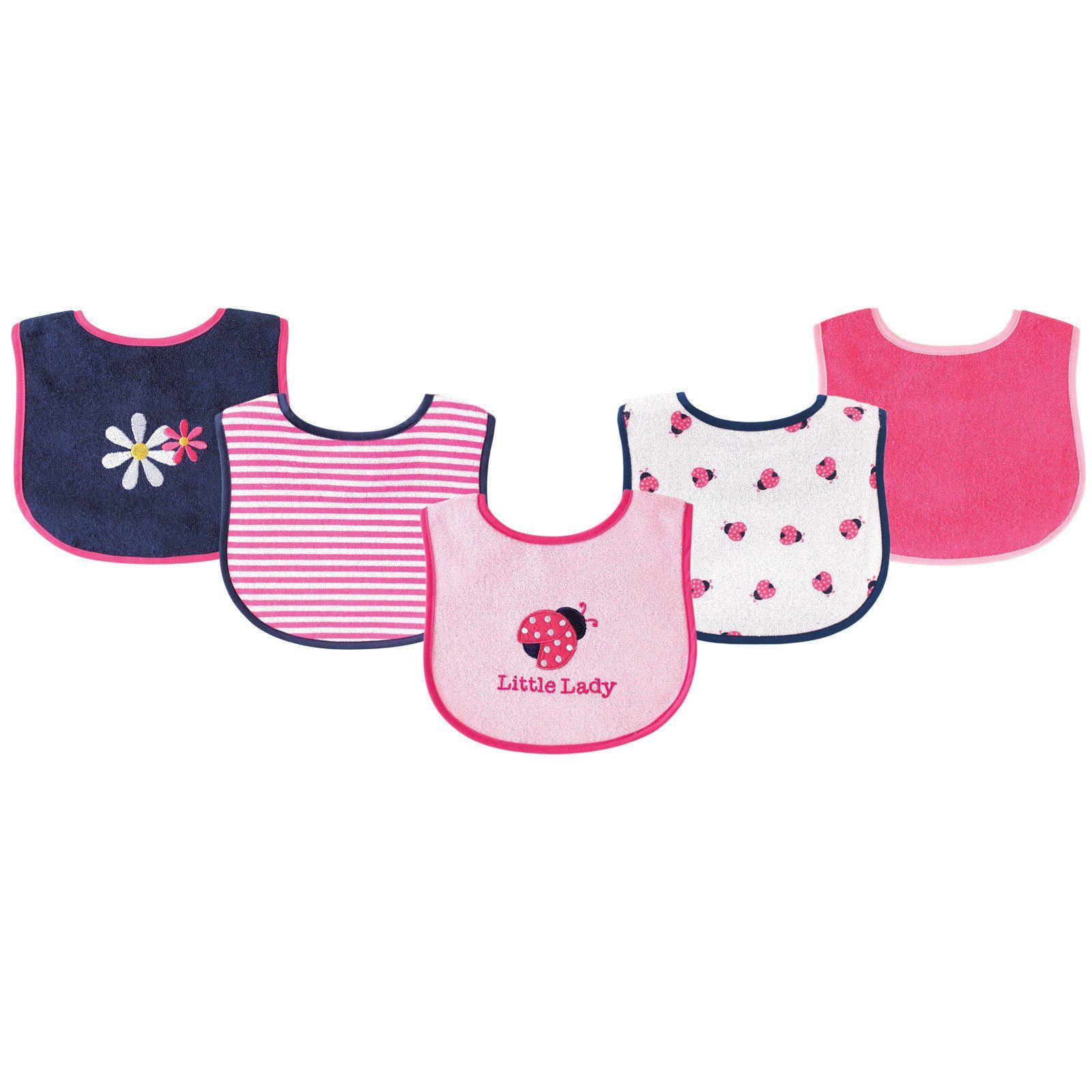 Luvable Friends Unisex Baby Cotton Terry Drooler Bibs with PEVA Back - Soft Absorbent Ladybug Design, 5-Pack, One Size for Newborns & Infants - Perfect for Feeding, Teething, and Messy Playtime