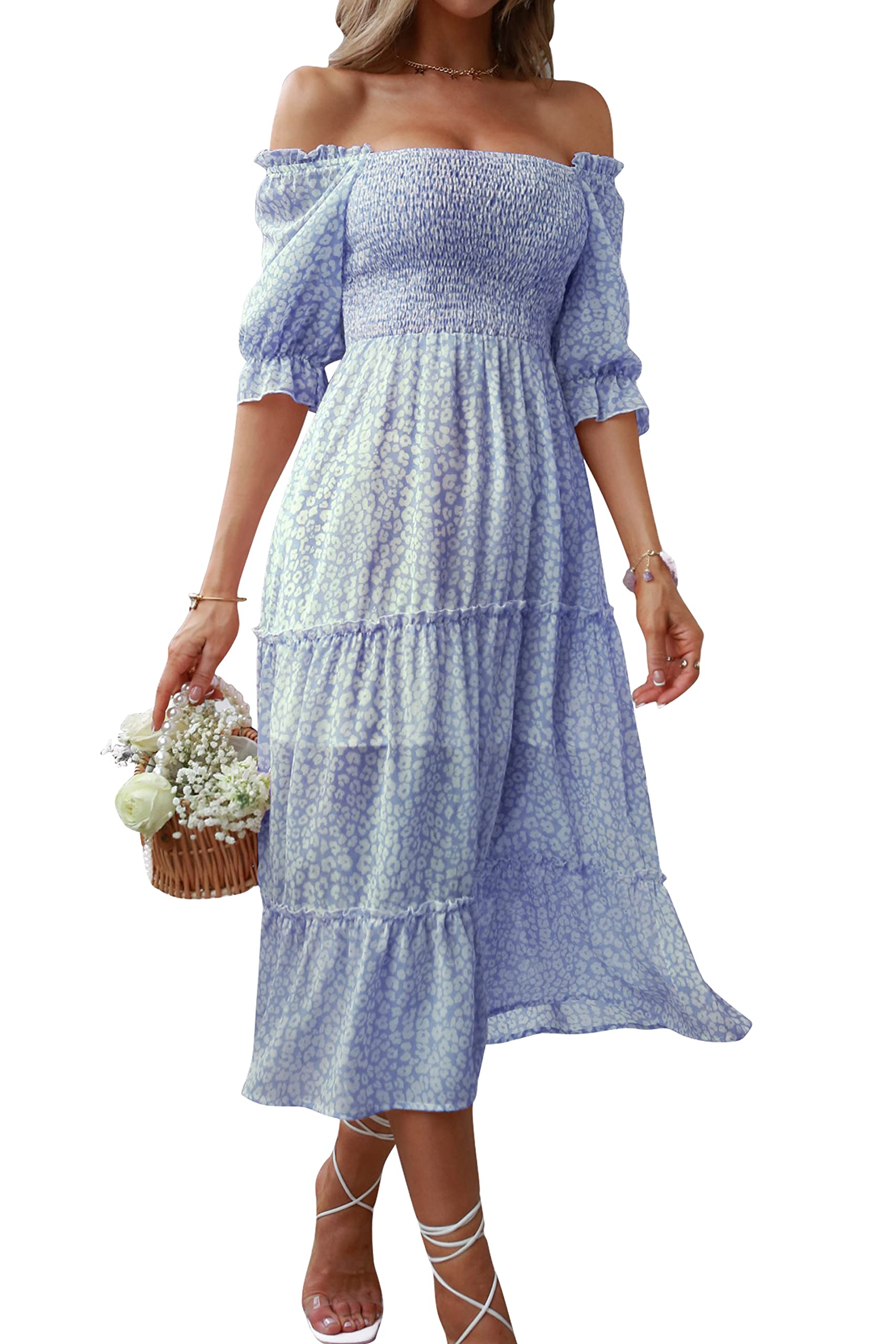 Vintage Floral Chiffon Midi Dress for Women - Square Neck, Half Sleeve, Ruffle Trim & Elastic Bust - Summer Sun Dress for Beach, Wedding, Party & Casual Wear