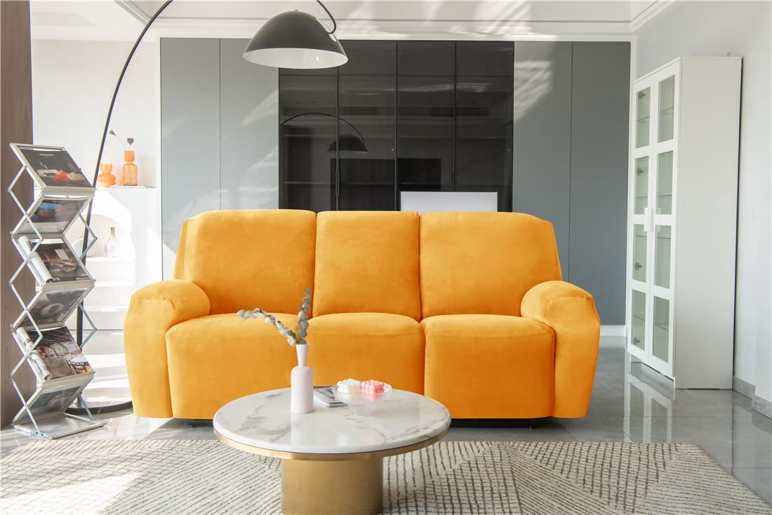 Velvet Recliner Sofa Slipcover - 8 Piece Stretch Furniture Protector for 3 Cushion Reclining Couch with Side Pockets | Machine Washable | Perfect for Living Room, Home Theater & Family Room Comfort